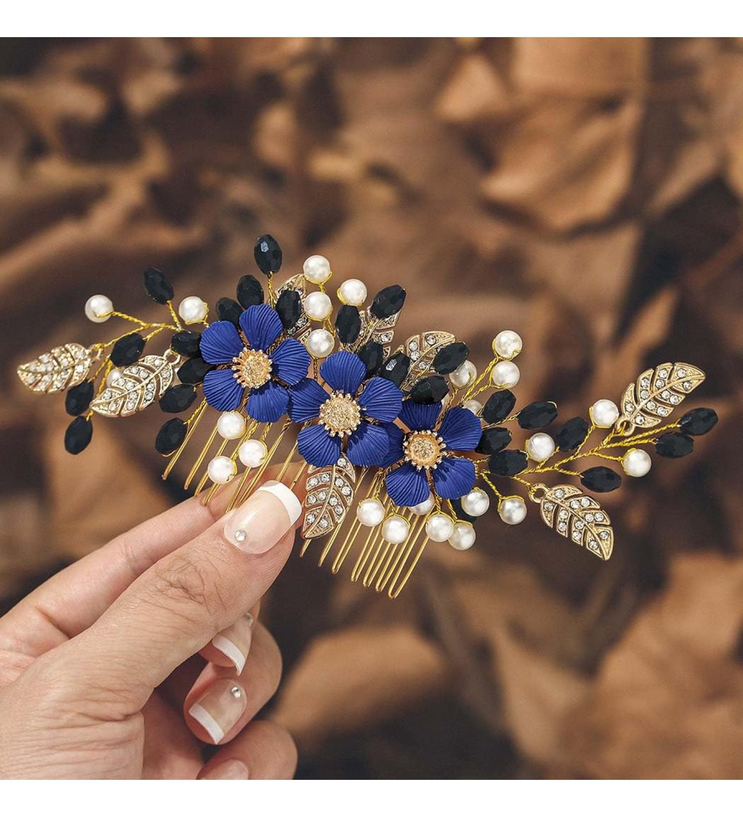 IYOU Flower Bridal Hair Comb Blue Crystal Wedding Slide Combs Pearl Party Bride Hair Pieces Accessories for Women - Buy Online on GoSupps.com