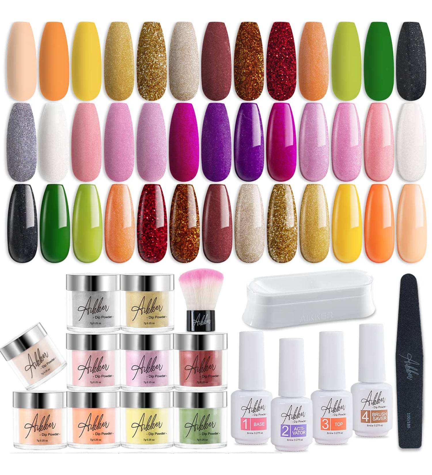 Aikker 27 Pcs Dip Powder Nail Kit Starter - Summer Colors Orange Yellow Green Golden Collection for DIY Salon Manicure AK17P - Buy Online on GoSupps.com