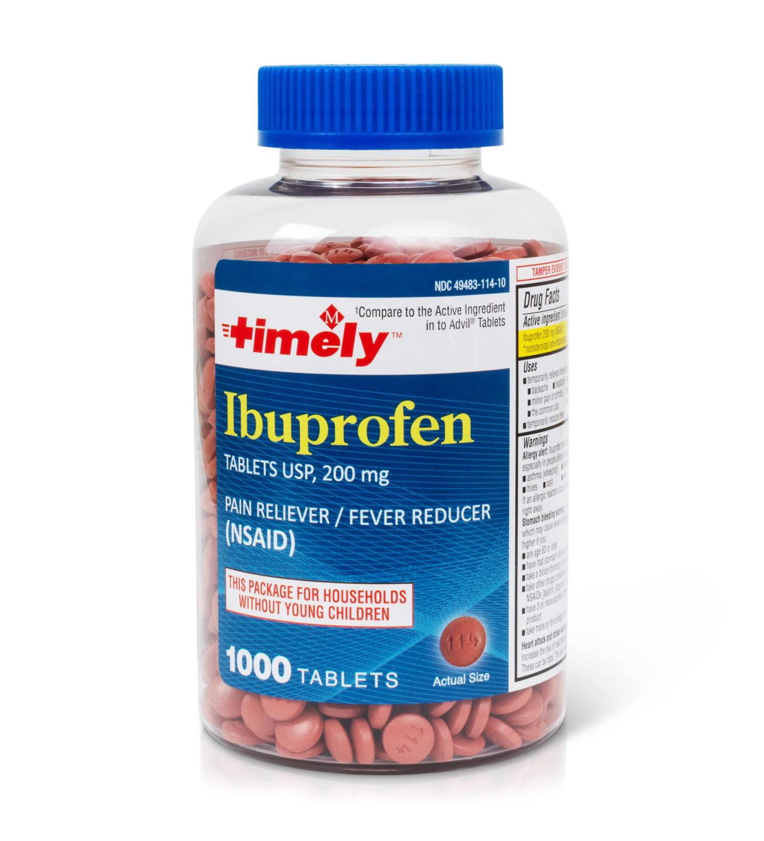 Timely Ibuprofen 200mg - 1000 Tablets | Pain Relief & Fever Reducer for Adults | Comparable to Advil | Headache, Menstrual Pain, Tooth & Muscle Aches - Buy Online on GoSupps.com