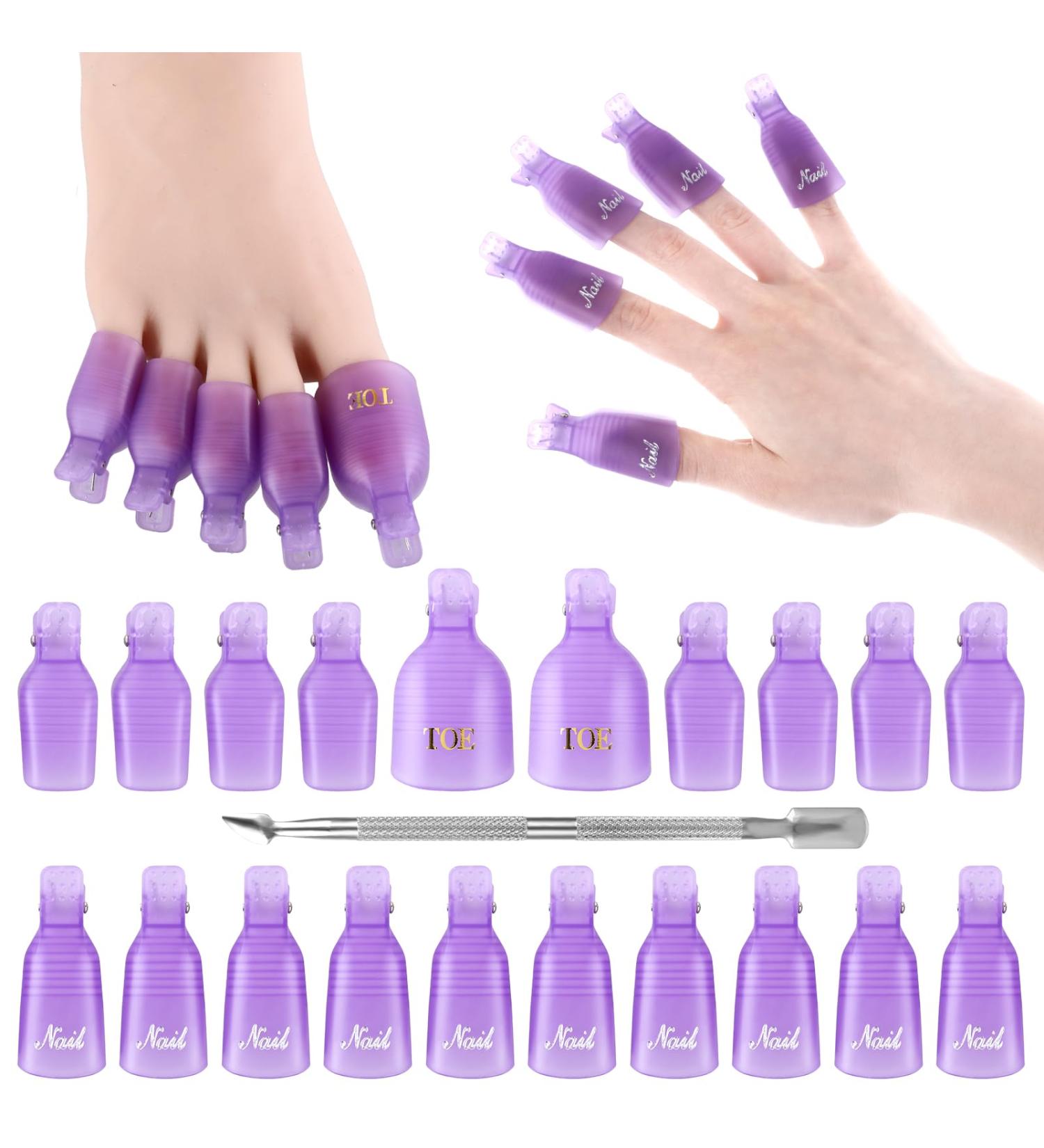 20 PCS Nail Polish Remover Clips Kit - Plastic Gel Polish Remover with Double Ended Metal Cuticle Pusher - Efficient Nail Polish Removal Tool in Purple - Buy Online on GoSupps.com