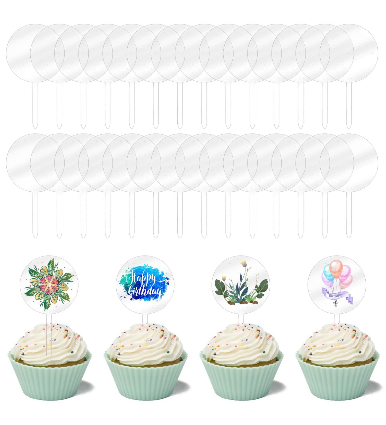 24 Pcs Clear Blank Acrylic Cupcake Toppers Round Acrylic Cupcake Topper Personalized Cupcake Toppers Sticks For Christmas DIY Birthday Festival Party Baby Shower Wedding Party Cupcake Decoration - Buy Online on GoSupps.com