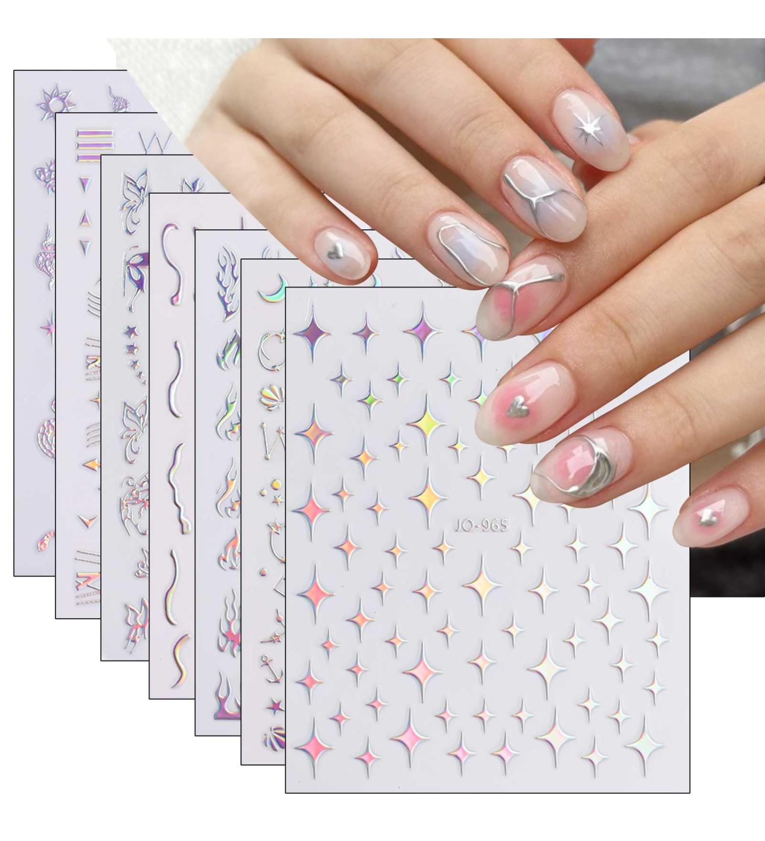 Aurora Holographic Nail Stickers 16 Sheets Self-Adhesive Nail Decal Glitter Stars Heart Nail Art Decoration Design Supplies - Buy Online on GoSupps.com
