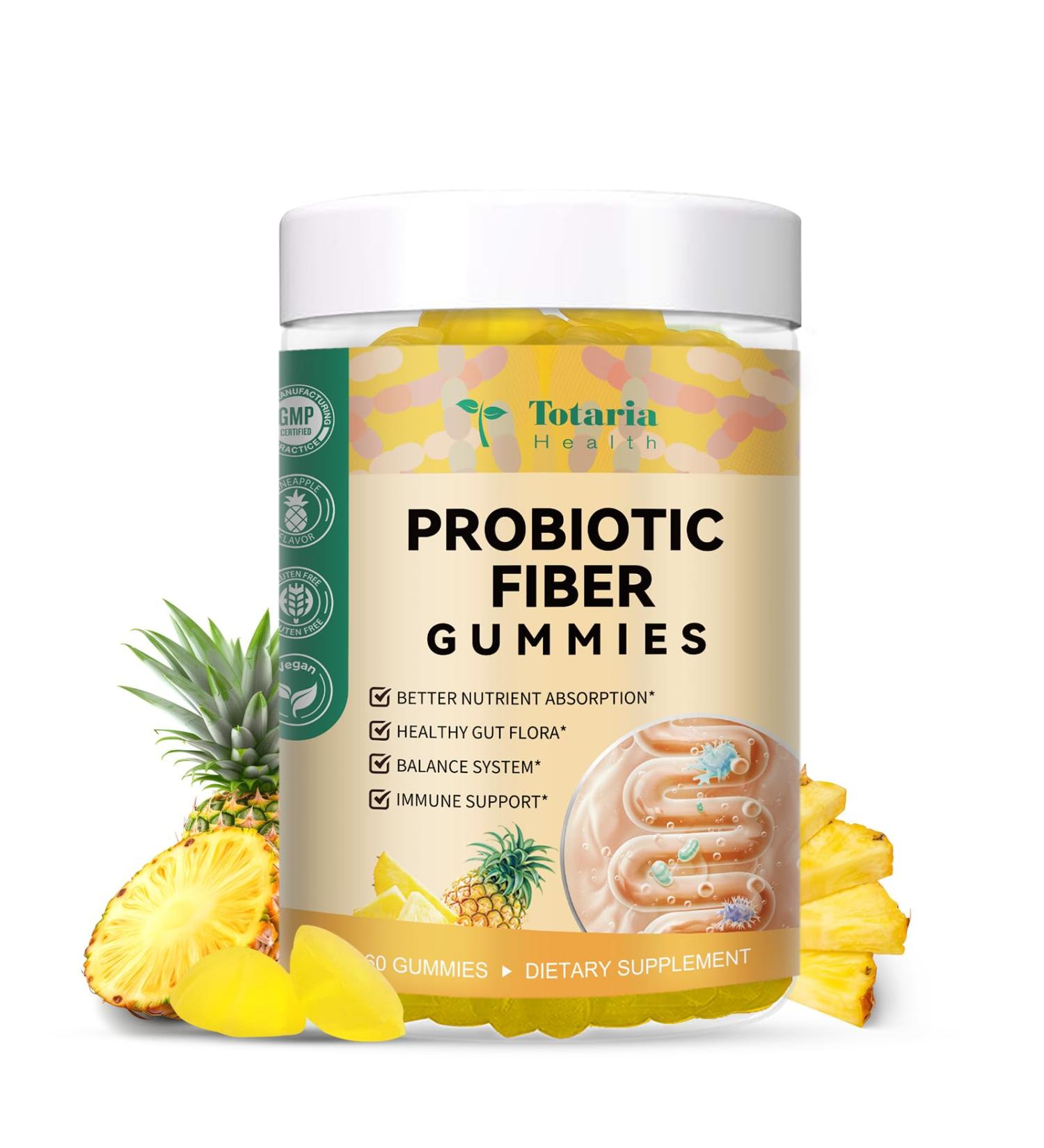 9-in-1 Probiotic Prebiotic Fiber Gummies for Adults & Teens Fiber Supplement Pro with 5 Billion CFU Bacillus Coagulans Psyllium Husk FOS Inulin ACV for Digestion & Gut 60 Vegan Pineapple Gummies 60 Count (Pack of 1) - Buy Online on GoSupps.com