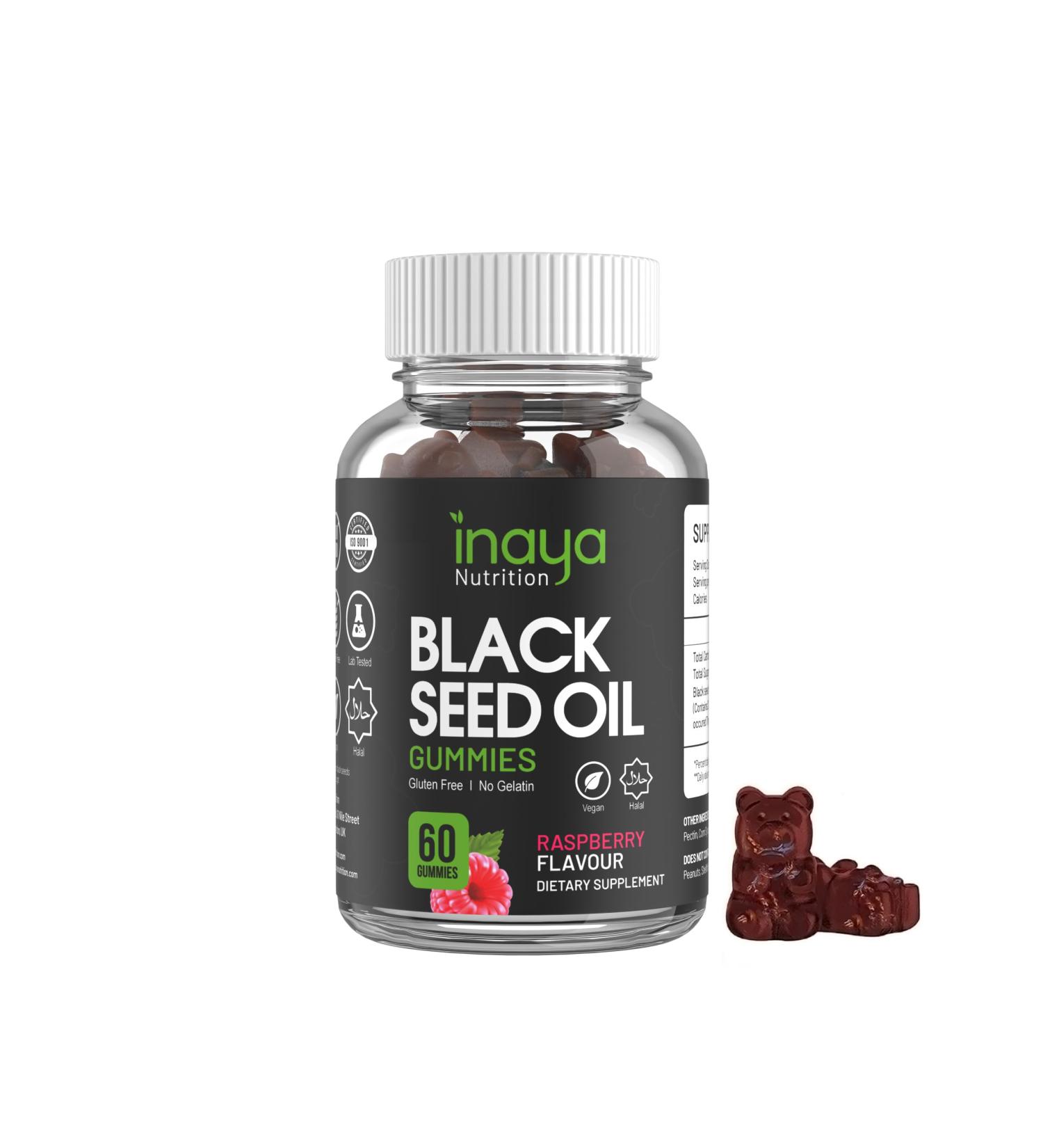 Inaya Nutrition Black Seed Oil Gummies - 60 Vegan Raspberry Flavour Gummies | 2% Thymoquinone from Nigella Sativa Seeds | Immune System & Weight Loss Support for Joints, Hair & Skin - Buy Online on GoSupps.com
