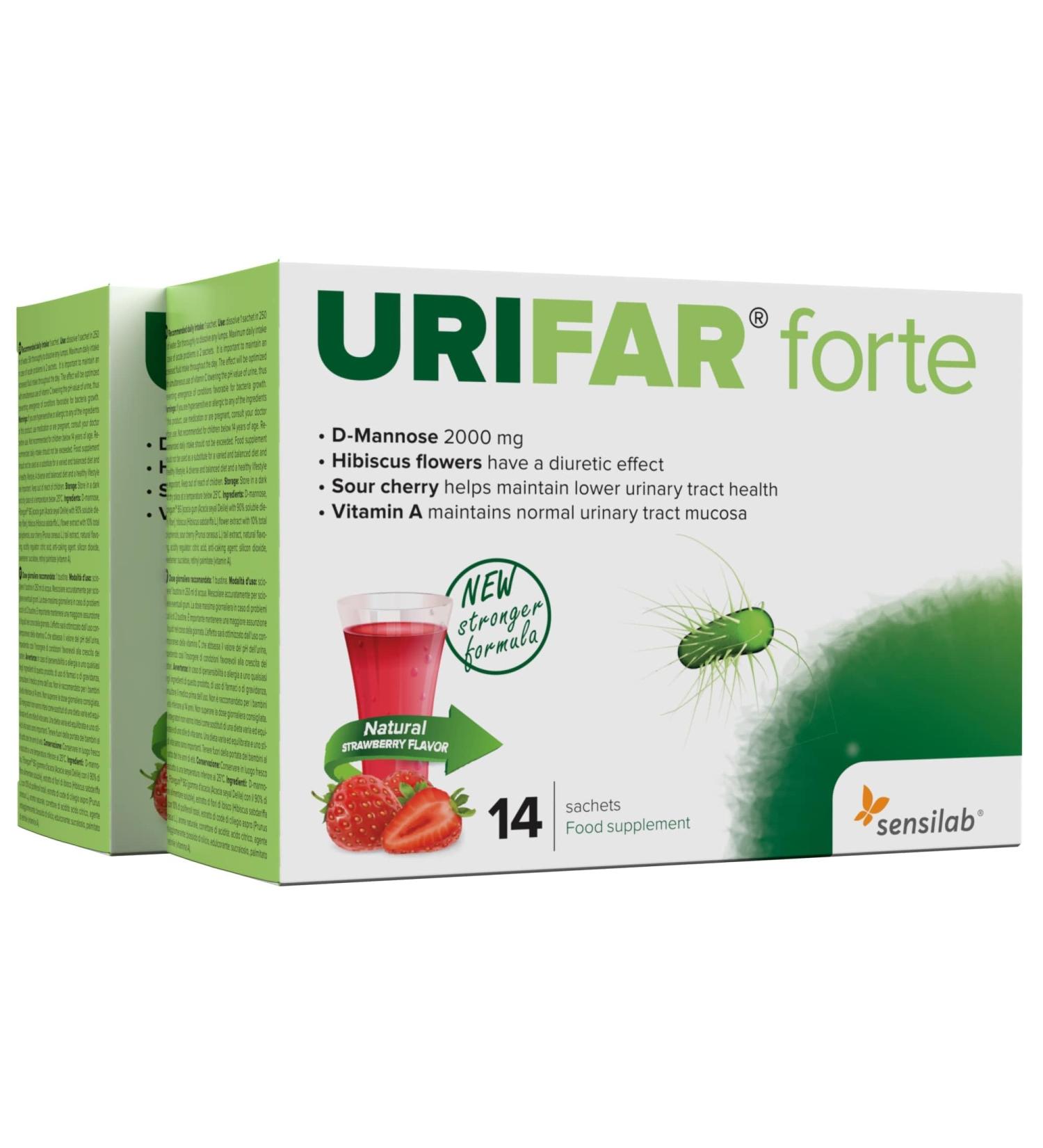 Sensilab Urifar Forte | Delicious strawberry drink made from D-Mannose Vitamin A Hibiscus and Cherry extract for the urinary tract | 28 bags - Buy Online on GoSupps.com