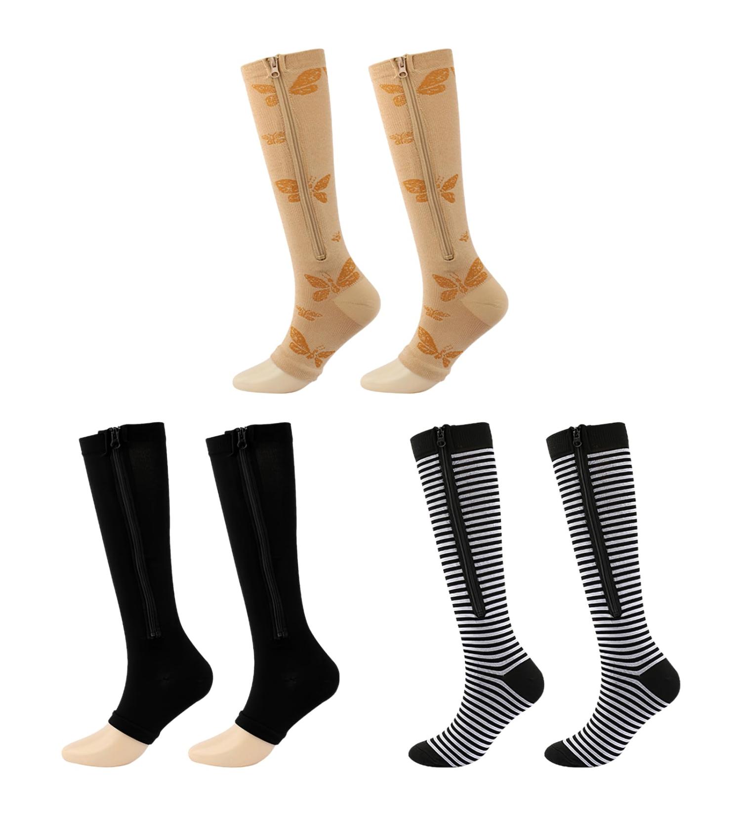 ANUSER 3 CARES Women s Open Toe Compression Stockings - Breathable Knee-High Support with Side Zipper - Stylish Black with Stripes & Butterfly XXL - Buy Online on GoSupps.com