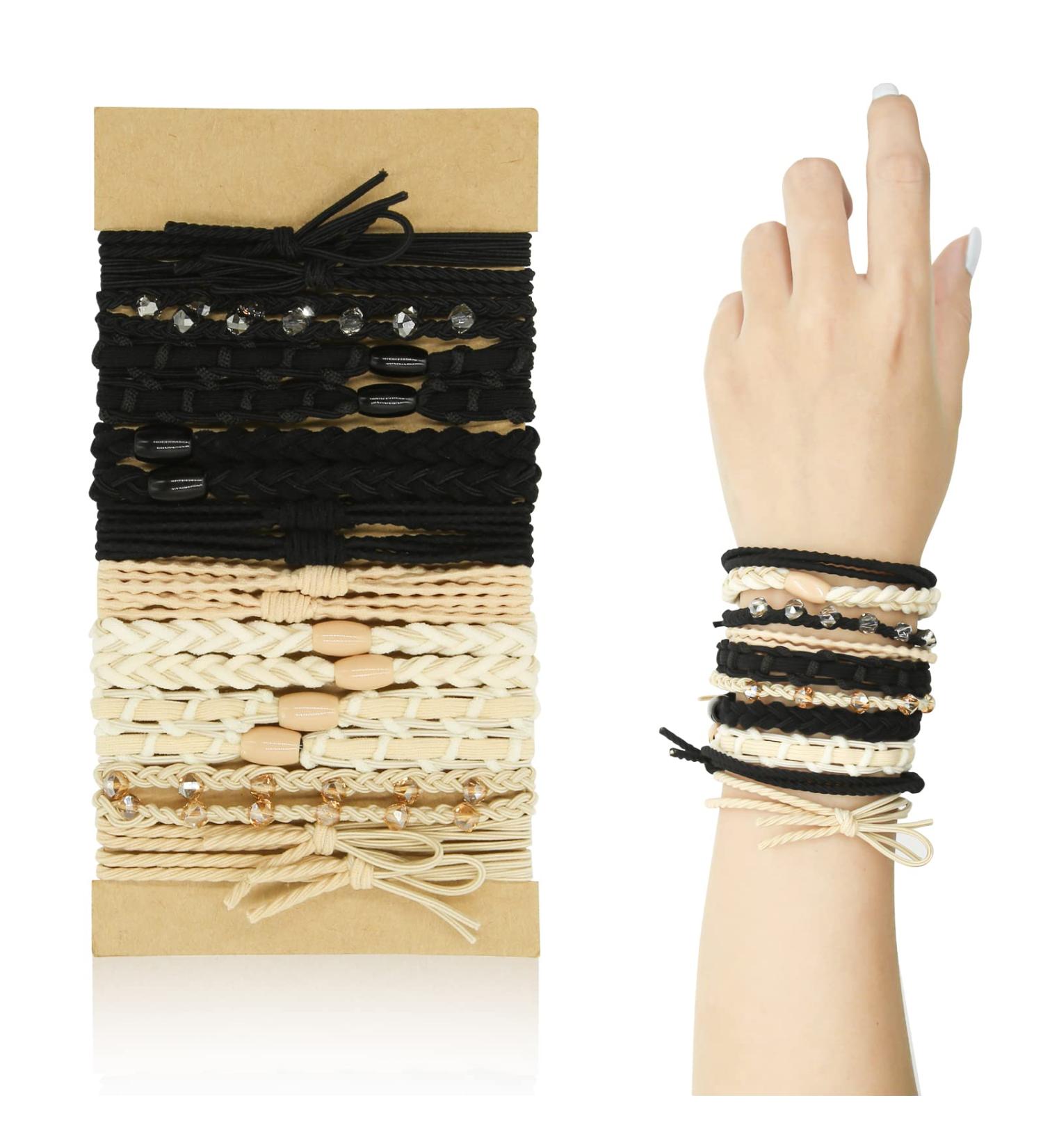 20 Pcs Boho Bracelet Hair Ties for Women - Elastic Hair Bands in 5 Cute Styles for Thick & Thin Hair (Black & Beige) - Buy Online on GoSupps.com