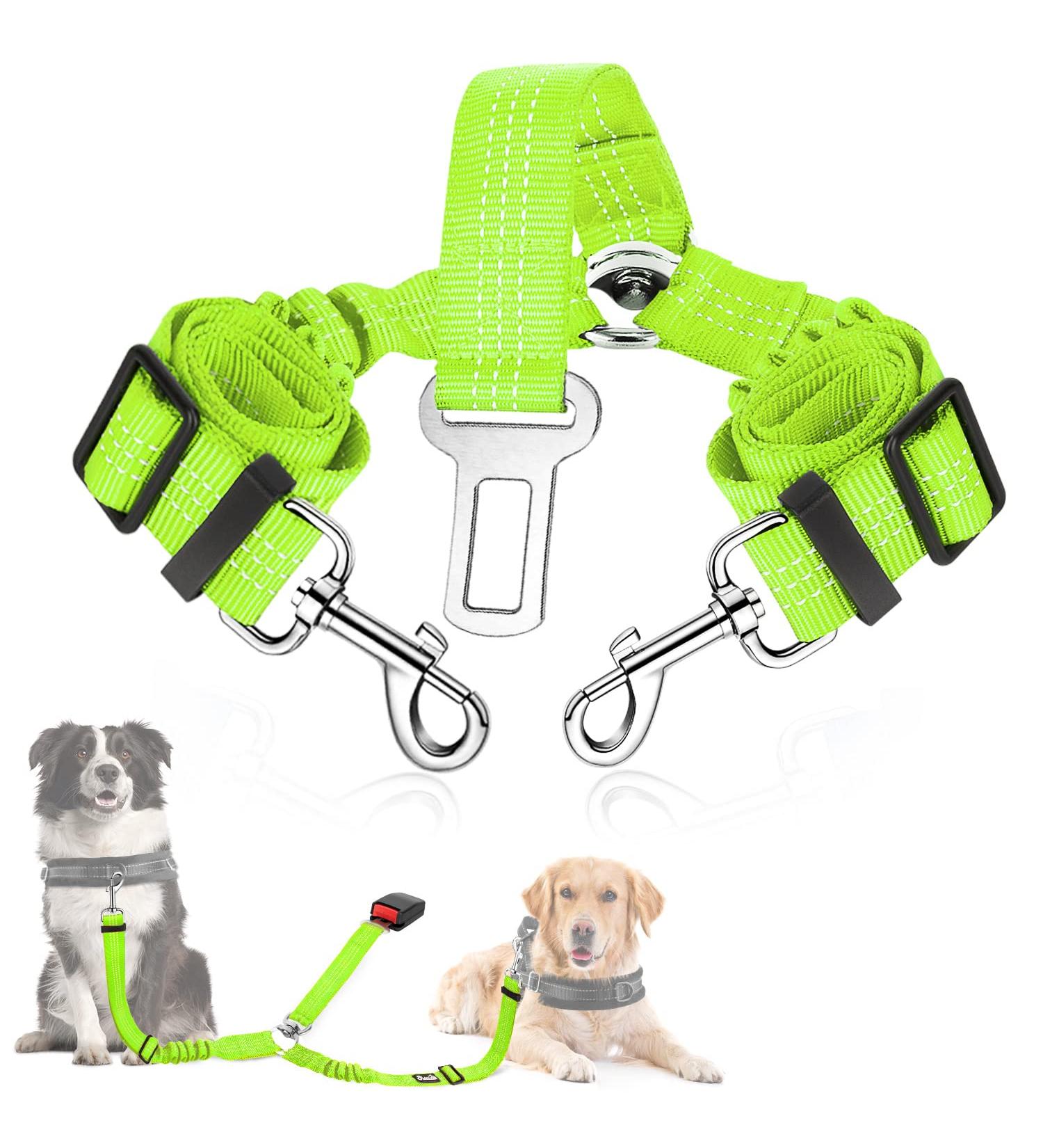Slowton 2-in-1 Dog Car Seat Belt | Tangled-Free Durable Elastic & Adjustable Reflective Harness for Medium Dogs - Lime - Buy Online on GoSupps.com