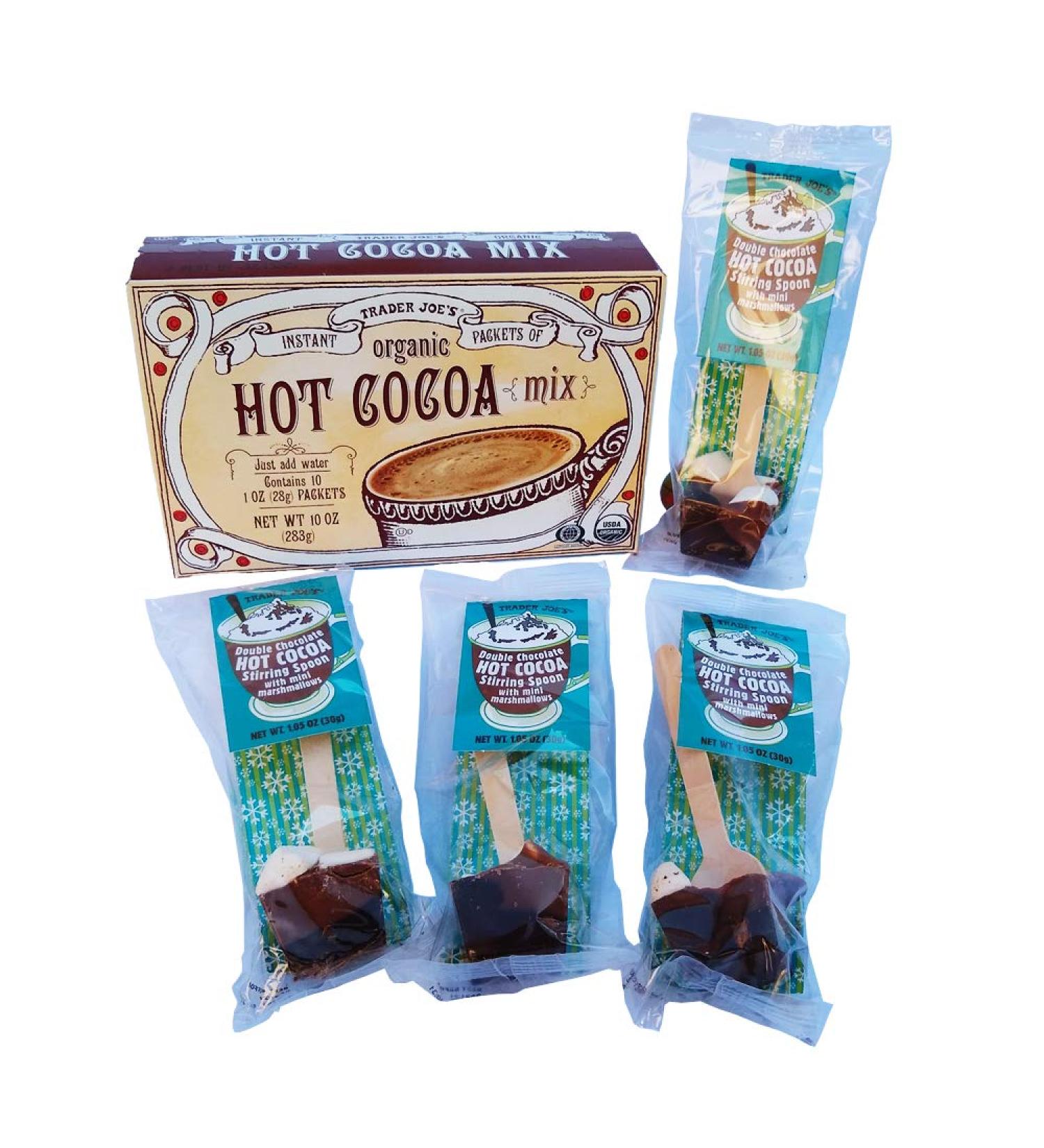 Trader Joe's Organic Hot Cocoa Winter Delight Bundle - 1 Box Organic Hot Cocoa & 4 Double Chocolate Stir Spoons with Mini Marshmallows - Buy Online on GoSupps.com