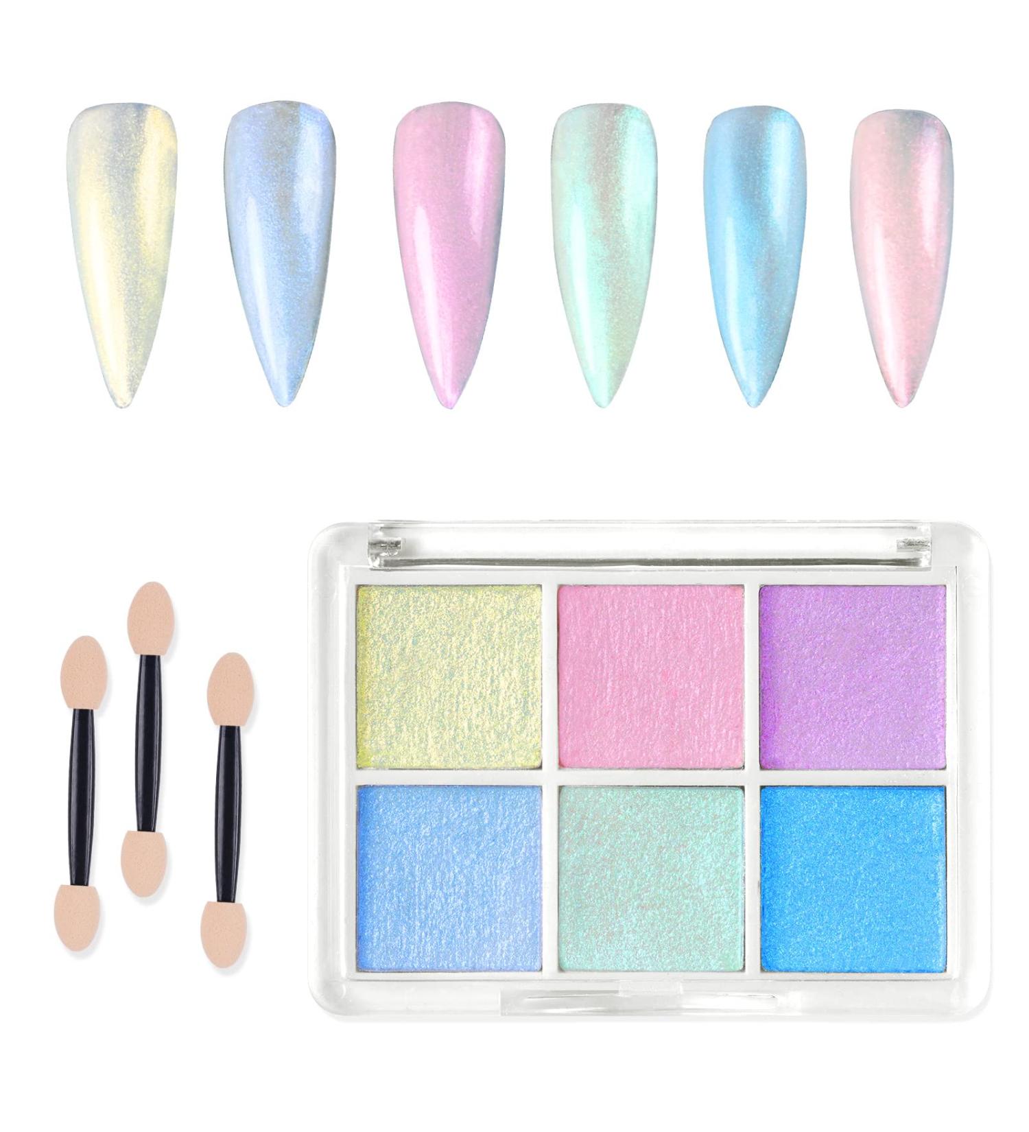 URAQT Chrome Nail Powder Set - 6 Colors Holographic Glitter for Mermaid Neon Nail Art | Iridescent Manicure Pigment with Sponge Brushes - DIY Nail Decoration - Buy Online on GoSupps.com