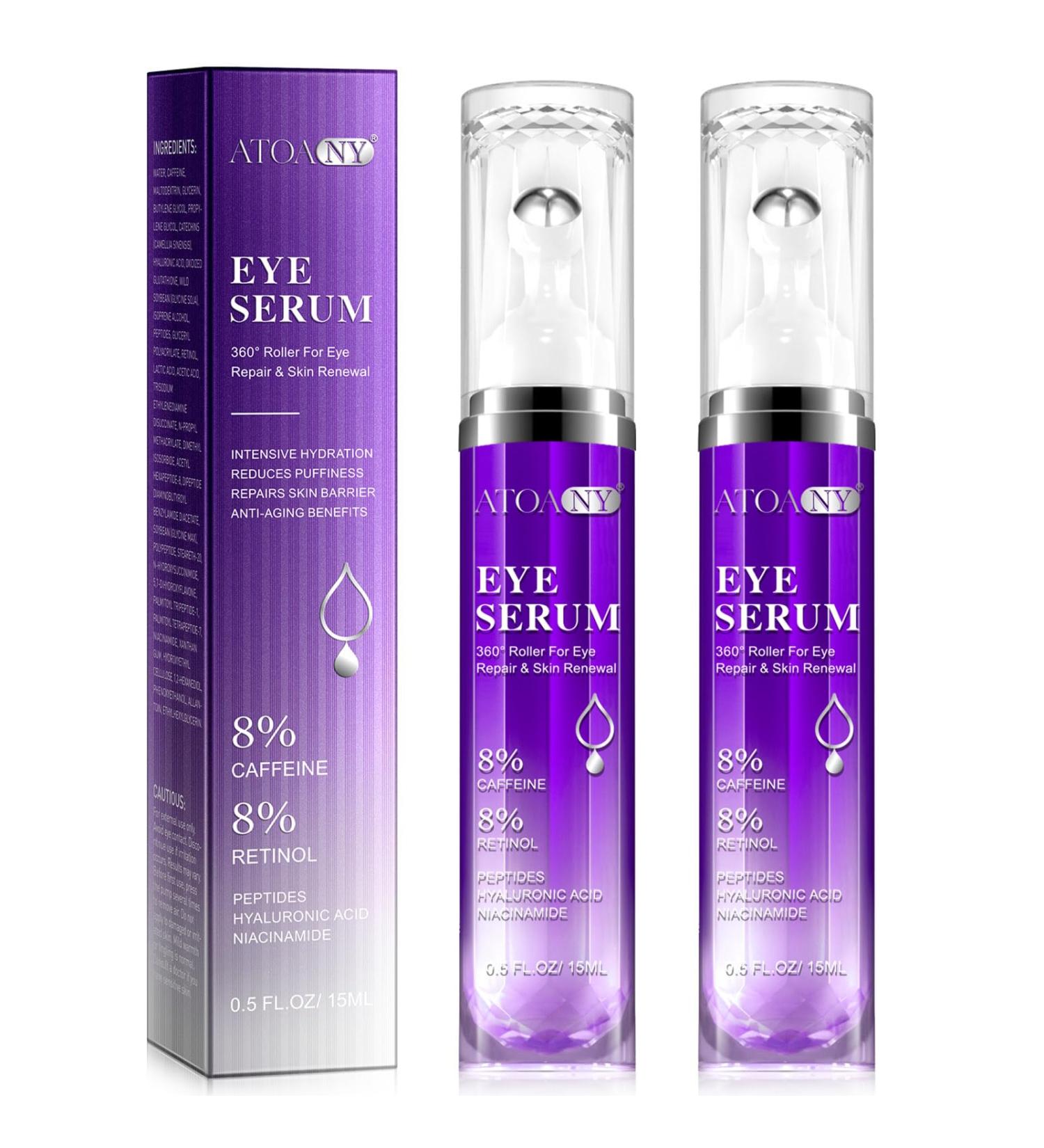 2 Packs Eye Serum for Dark Circles and Puffiness with 8% Caffeine 8% Retinol Anti-Aging Eye Cream for Puffiness and Dark Circles with 360 Eye Roller Massage Ball for Women and Men - Buy Online on GoSupps.com