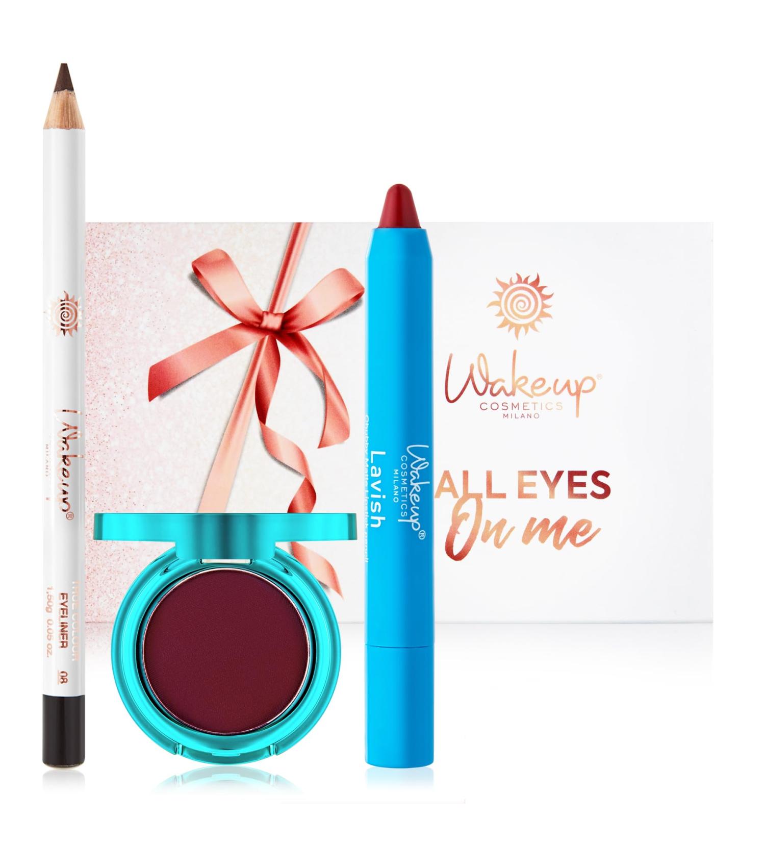  Wakeup Cosmetics Milano Wakeup Cosmetics - ALL EYES ON ME - 1 Matte Velvet Lipstick (Lavish 02) + 1 Eye Pencil (Black Diamond 8) + 1 Matte Eyeshadow (Vibe 02) - Buy Online on GoSupps.com