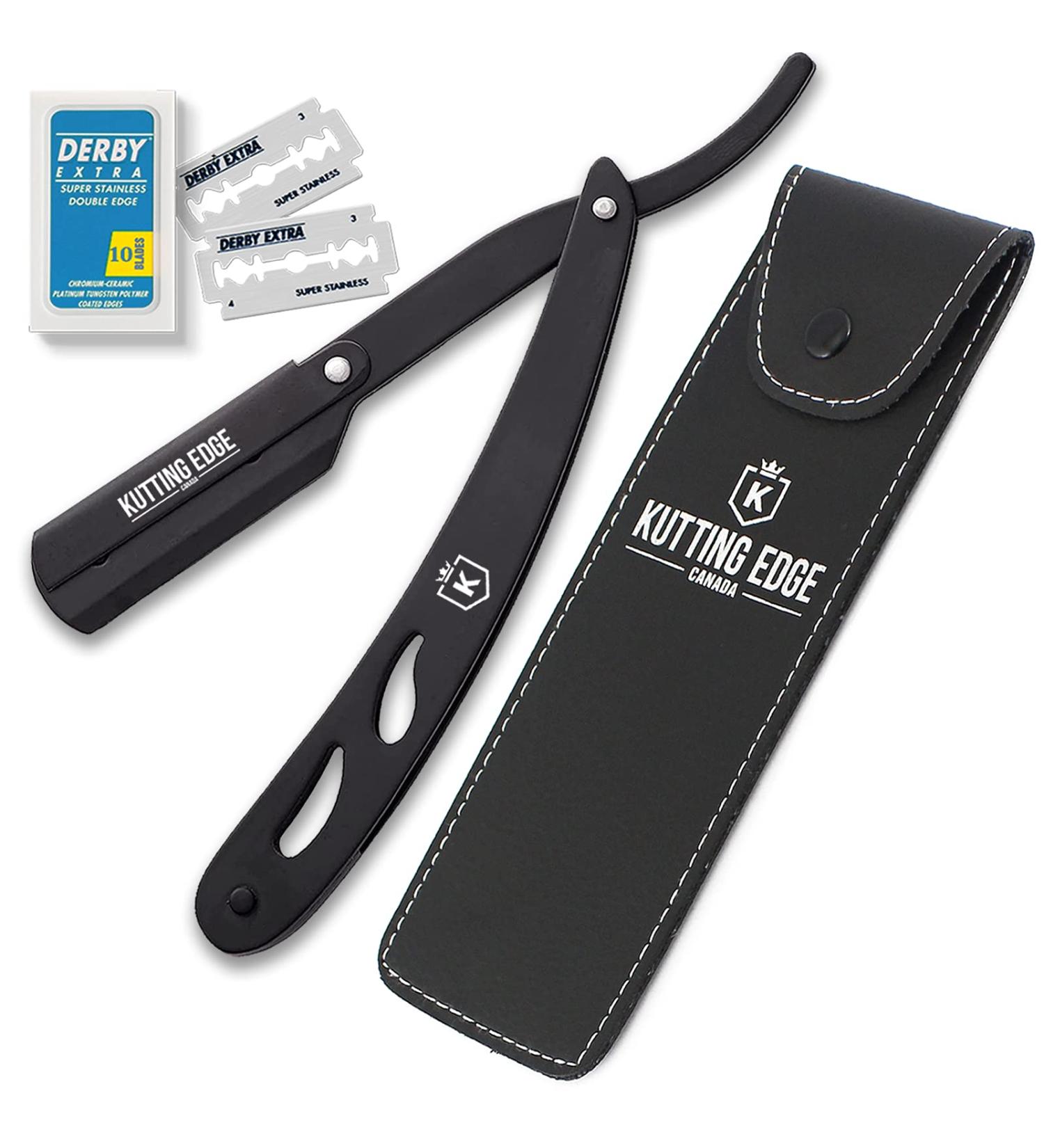 Kutting Edge Professional Straight Edge Razor | Matte Black Stainless Steel Barber Razor with 10 Derby Blades - International Shipping - Buy Online on GoSupps.com