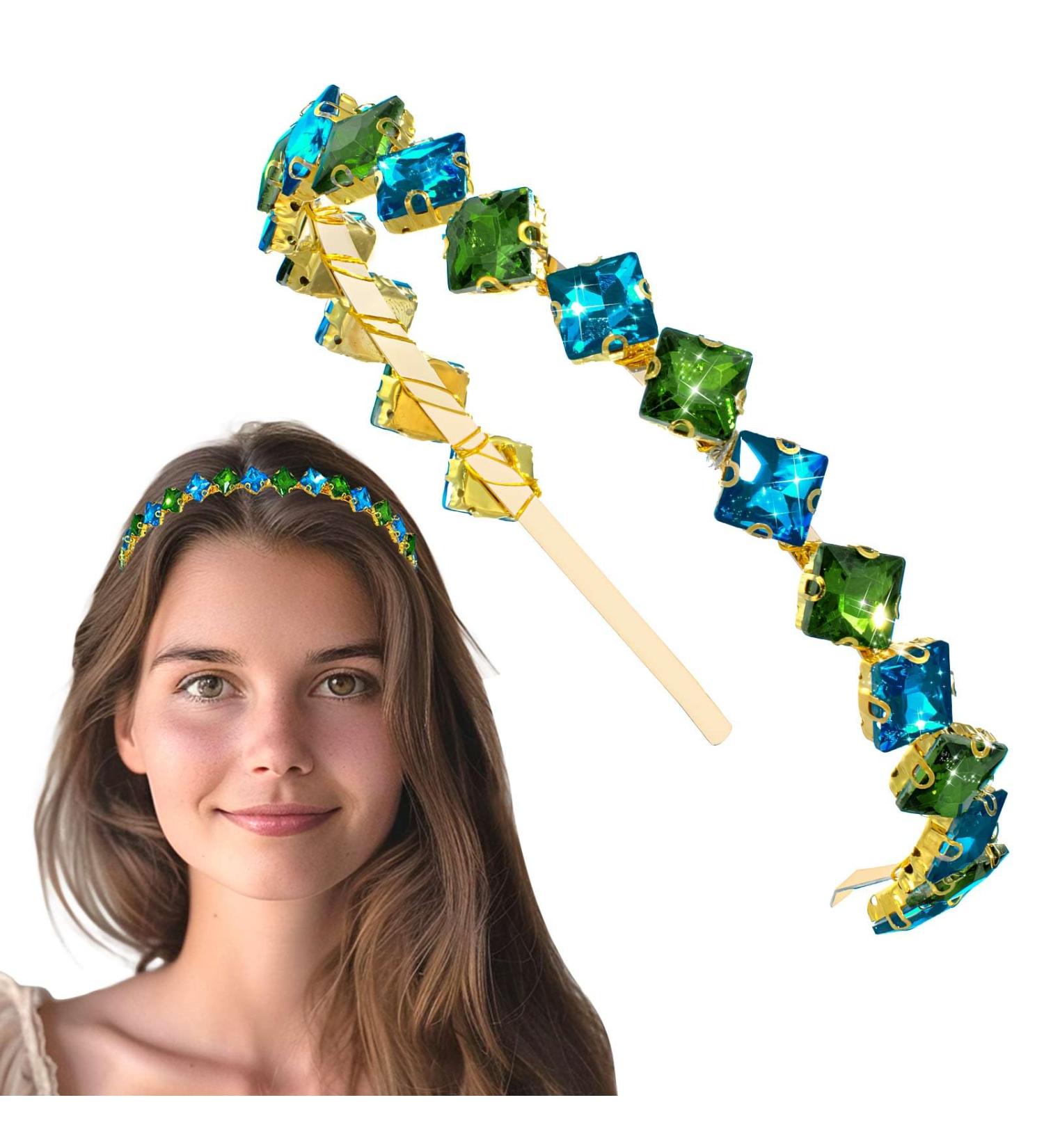 Rhinestone Headband Sparkling Gemstone Headwear Party Prom Hair Accessory for Women and Girls (green+blue) - Buy Online on GoSupps.com