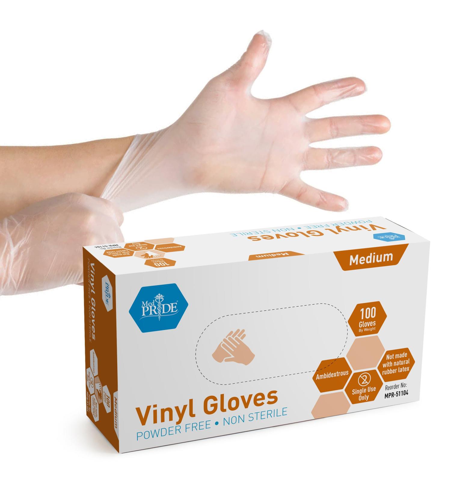 Med PRIDE Vinyl Gloves - Medium Box of 100 | 4.3 Mil Thick Powder-Free Non-Sterile Heavy Duty Disposable Gloves for Healthcare Medical & Food Handling - Buy Online on GoSupps.com