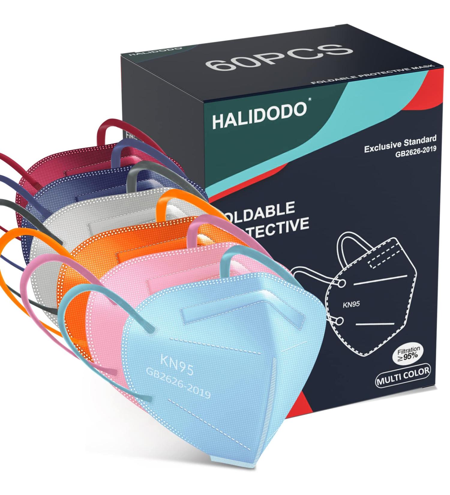 HALIDODO 60 Pack Individually Wrapped KN95 Face Mask - Breathable & Comfortable Safety Mask - Elastic Ear Loop and Nose Bridge Clip - Multi Color - Buy Online on GoSupps.com