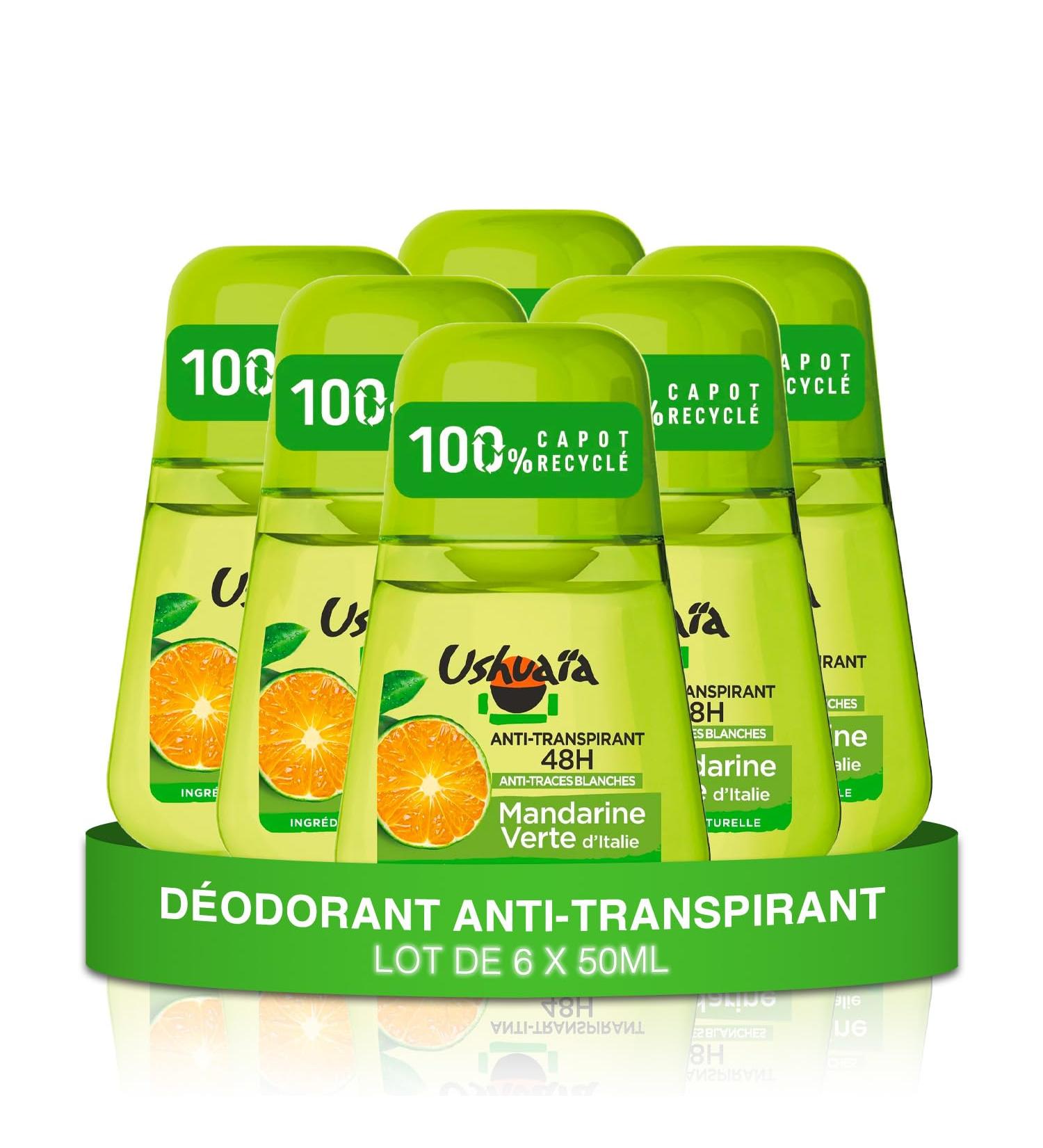 Ushuaia Ushua a Roll-On Deodorant Anti-Perspirant 48 Hours Anti-White Marks Orange Green from Italy Pack of 6 x 50 ml