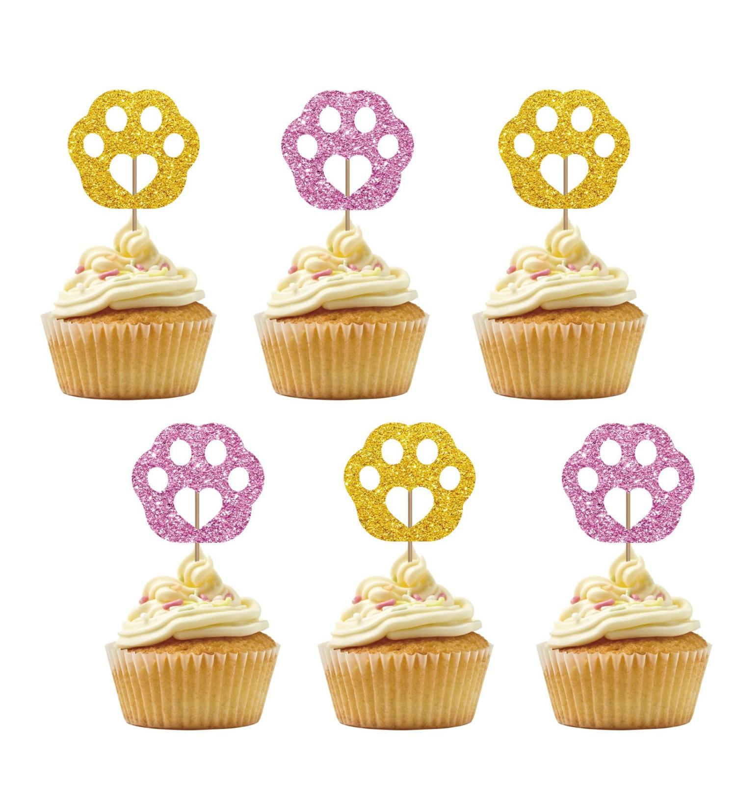 Set of 24 Paw Cupcake Toppers for Pet Theme Birthday Pink & Gold Glitter Puppy Kitten Paw Sign Cupcake Toppers Cake Decorations for Baby Shower/Dog Cat Birthday Party Supplies gold&pink - Buy Online on GoSupps.com