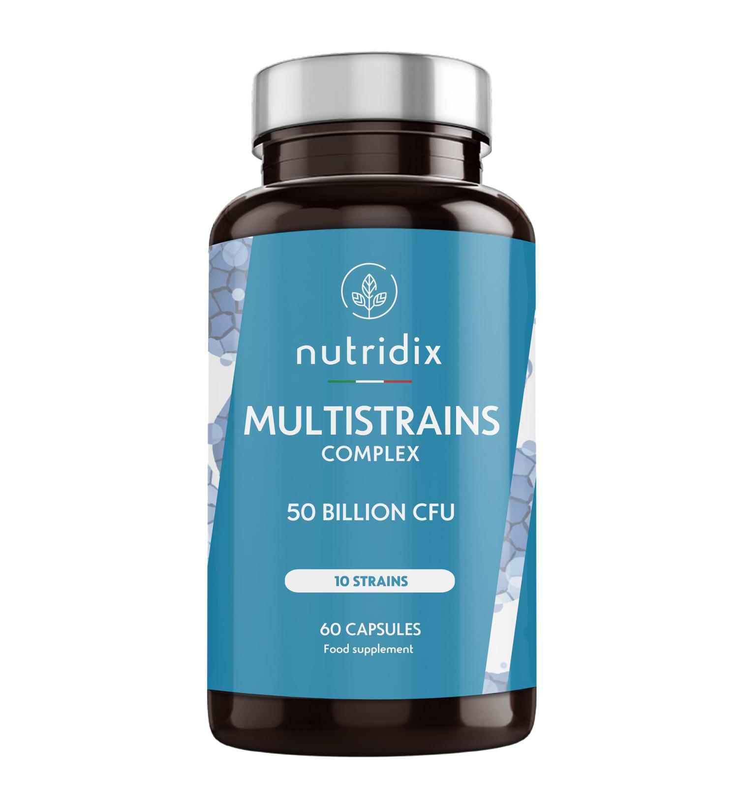 Cultures Complex 50 billion CFU's per dose - 10 natural strains for intestinal flora and defense - 60 Nutridix capsules
