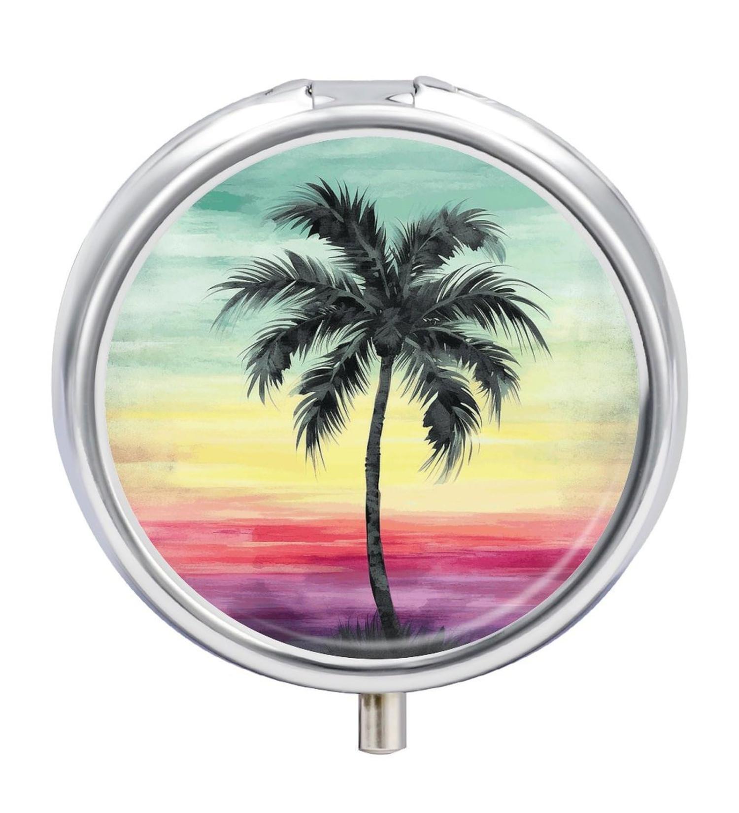 Portable Tropical Palm Tree Pill Box - 3 Compartment Travel Organizer for Medicine - Small Round Case for Handbag & Pocket - Buy Online on GoSupps.com
