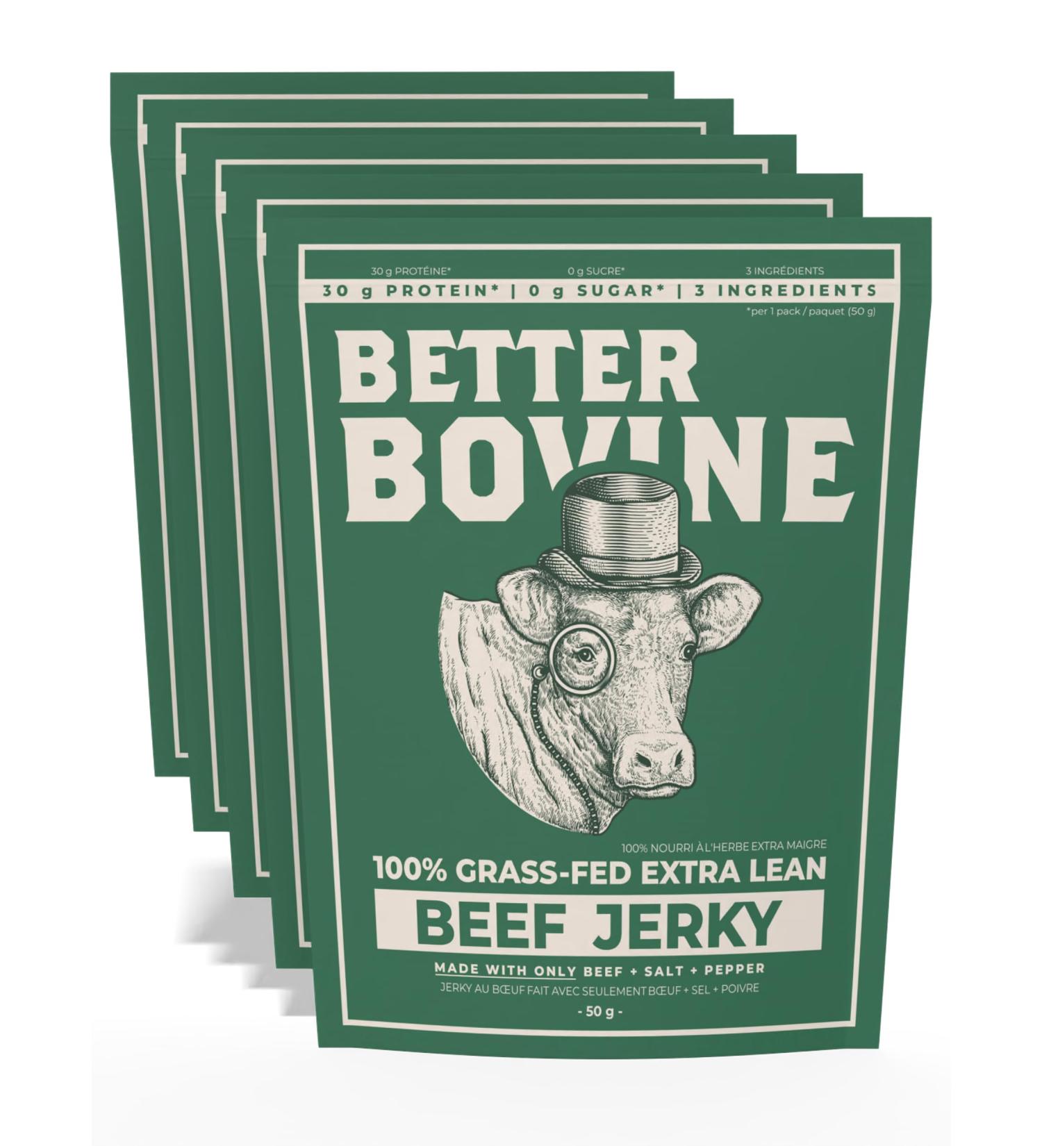 BETTER BOVINE Grass Fed Extra Lean Beef Jerky Keto Paleo Low Carb High Protein Gluten Free Sugar Free Non-GMO Nitrate Free Preservative Free No Antibiotics No Added Hormones 30g Protein 0g Carbs 130 Calories Salt and Pepper 5 Pack - Buy Online on GoSupps.com