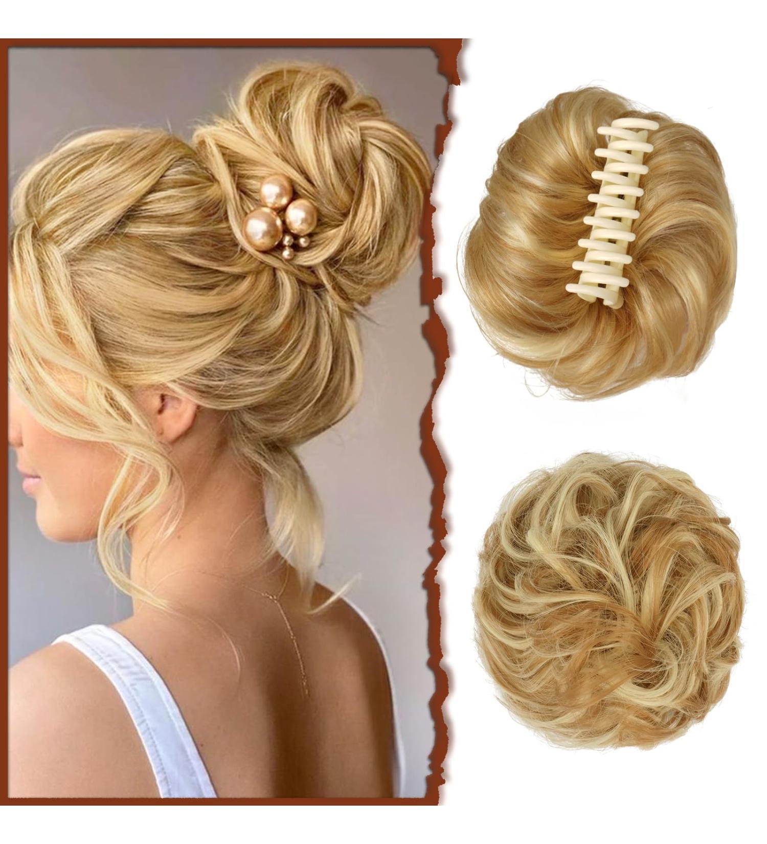 Sofeiyan Claw Clip Messy Bun Hairpiece | Wavy Curly Chignon Ponytail Extension | Synthetic Updo Scrunchie for Women | Lightest Brown/Bleach Blonde & Ash Brown - Buy Online on GoSupps.com