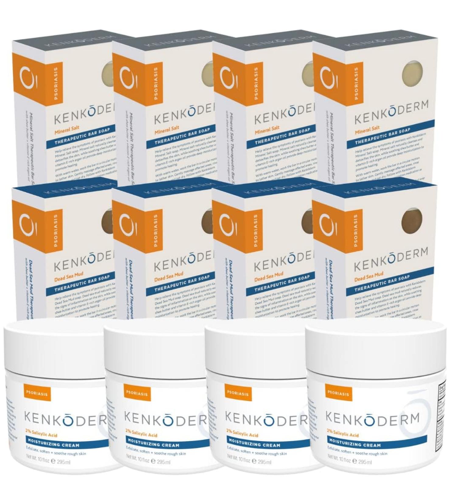 Kenkoderm Psoriasis Total Body Skin Care Bundle (4 Packs) Dead Sea Mud Soap 4.25 oz Mineral Salt Soap Bar 4.25 oz & Moisturizing Cream 10 oz Dermatologist Developed Fragrance & Color Free - Buy Online on GoSupps.com