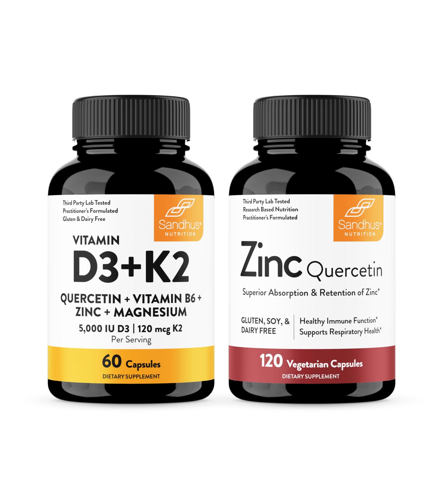 Sandhu's Vitamin D3 K2 Bundle with Zinc Quercetin Capsules | Supports Immune Energy Skin Teeth & Muscle Health - Buy Online on GoSupps.com