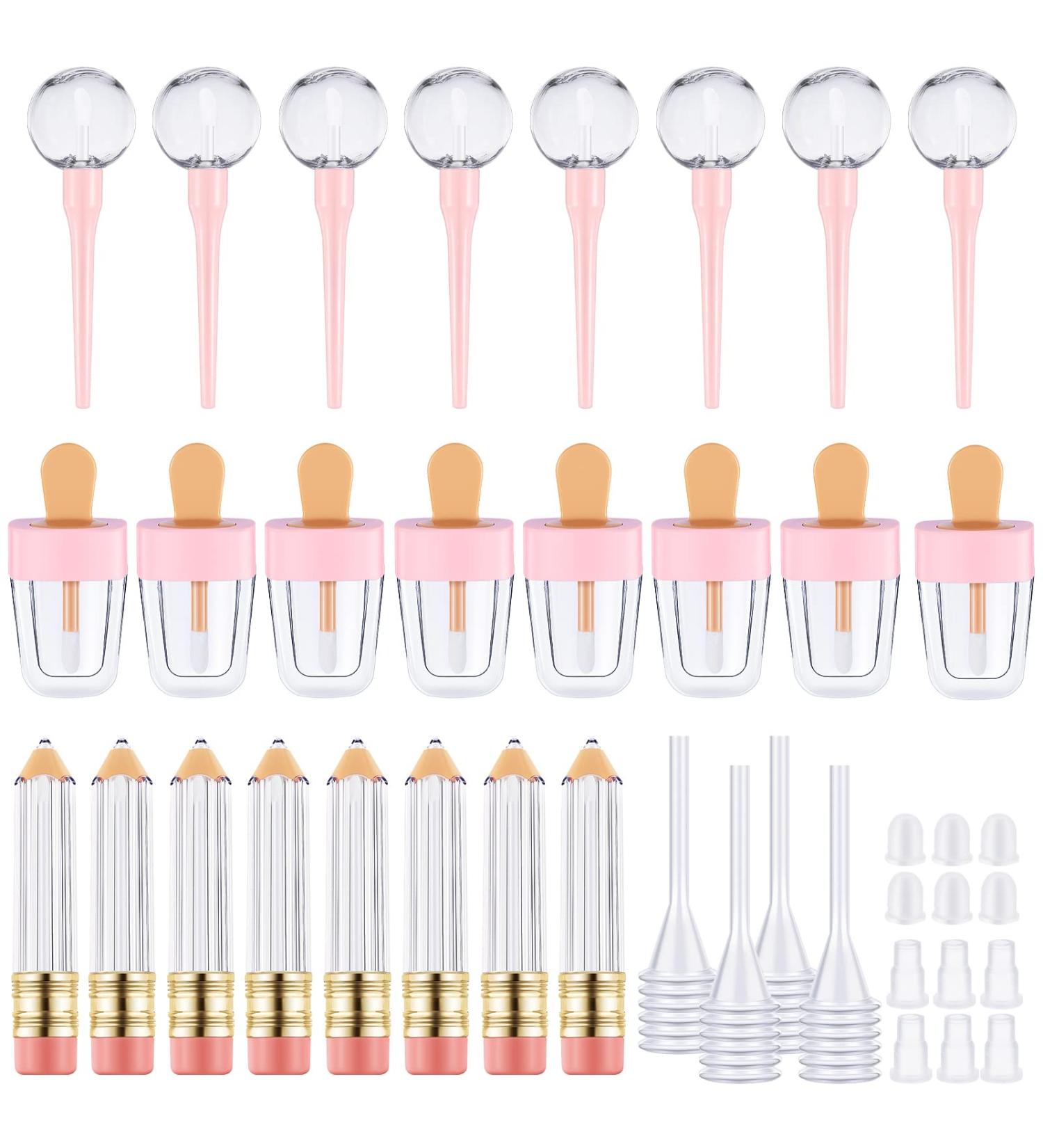 28-Piece Lip Gloss Tube Set: Ice Cream, Pencil, and Lollipop Shaped Containers with Mini Funnels - Buy Online on GoSupps.com