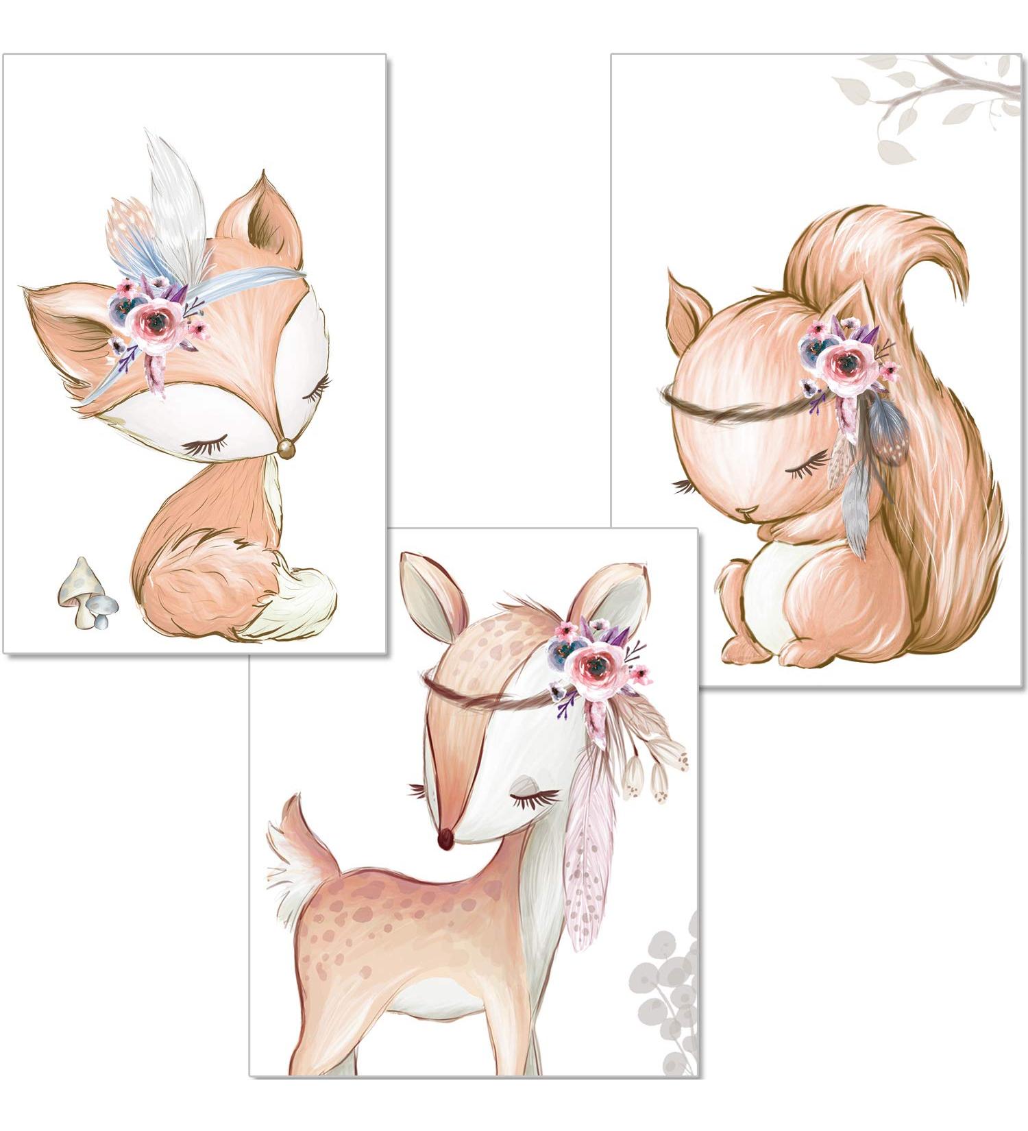 Baby Forest Animals Girl Set - Set of 3 DIN A4 Posters for Children's Room Decor - Cute and Whimsical Wall Art Prints - P34 - Buy Online on GoSupps.com