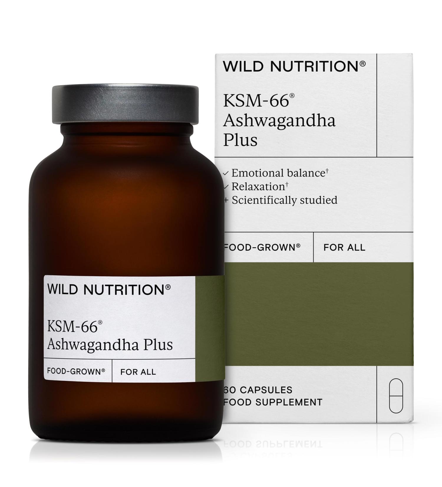 Wild Nutrition Food-Grown Ashwagandha KSM 66 Plus - 60 Capsules | Ethically Sourced for Mind and Body Support | No Fillers | Effective Ashwagandha Tablets - Buy Online on GoSupps.com