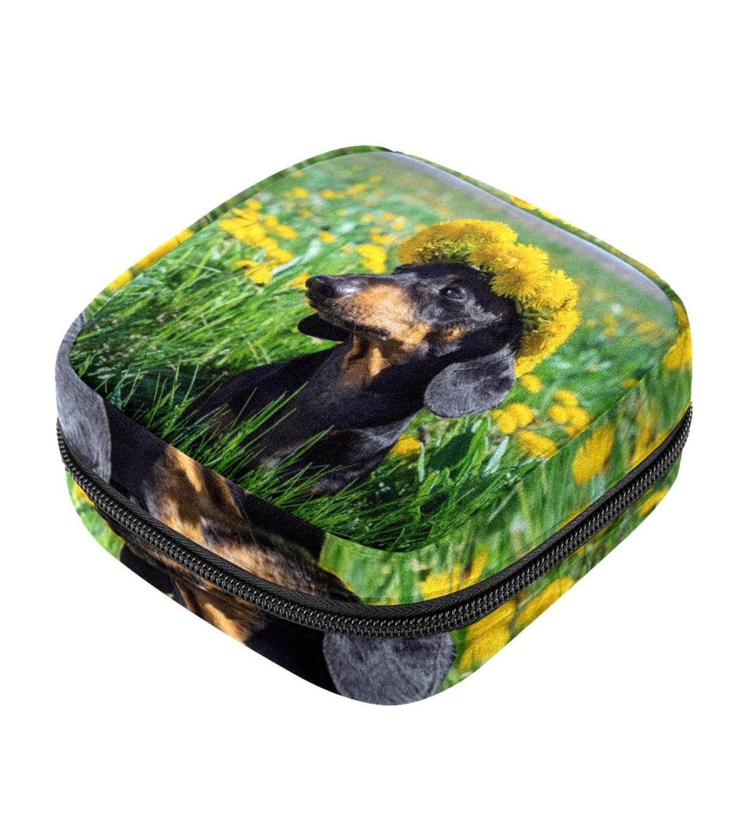 Dachshund Dandelion Wreath Women's Portable Bag | Stylish Napkin & Menstrual Cup Storage for Teens & Moms - Buy Online on GoSupps.com