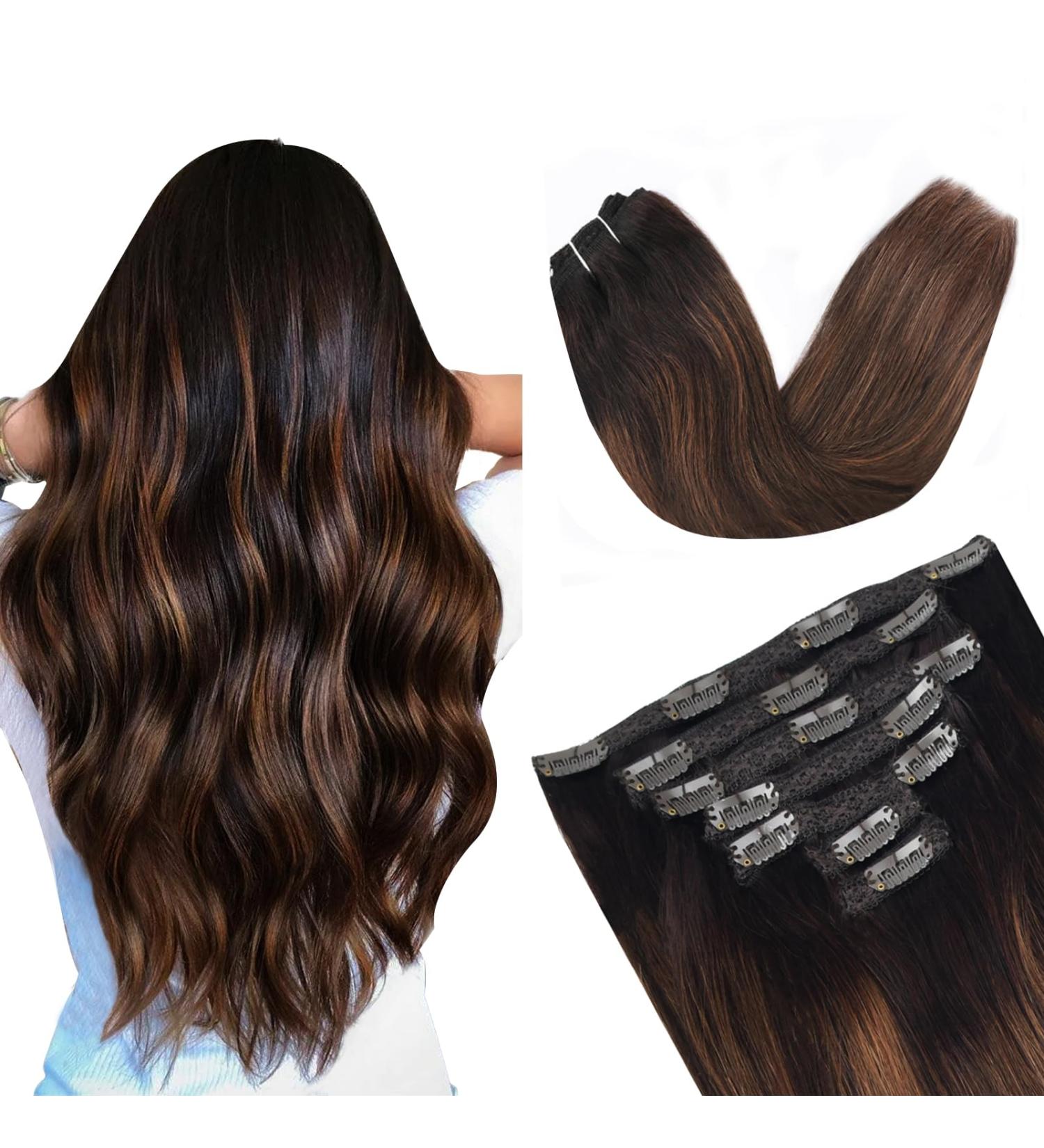 Vlasy Clip in Hair Extensions - Seamless 12 Inch Human Hair Extensions for Women - Natural Thick Weft - T2/6+2# Color - 7 Pieces (60g) - Buy Online on GoSupps.com