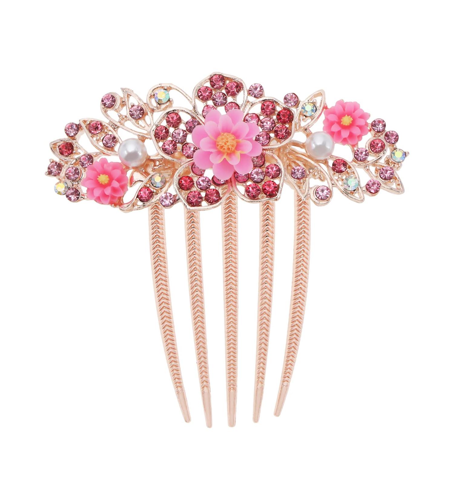 Create idea Flower Hair Comb Rhinestone Wedding Bride Headpiece Decorative Hair Accessories for Wedding Bridal French Twist Bun Full Updos Low Bun Hairstyles Pink - Buy Online on GoSupps.com
