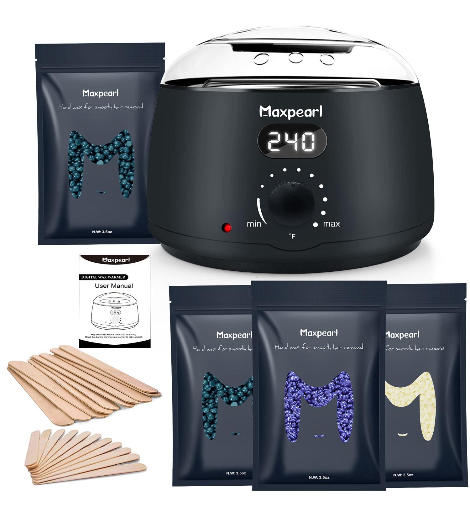 Maxpearl Waxing Kit - Hard Wax Beads Hair Removal Warmer for Fine & Coarse Hair - Eyebrows, Facial, Underarms, Brazilian Bikini, Legs - Digital Display w/ 20 Application Sticks - Buy Online on GoSupps.com