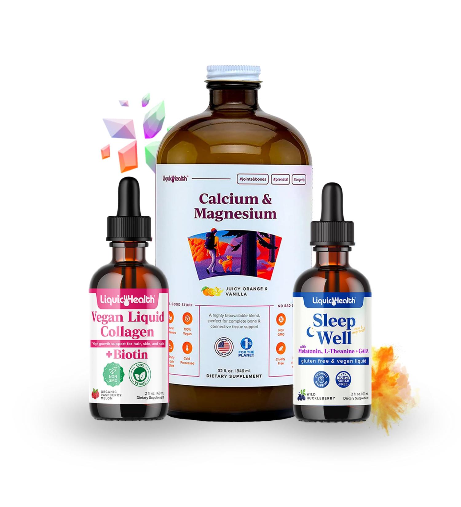 LIQUIDHEALTH Vegan Beauty Sleep Vitamin Supplement Bundle with Vegan Liquid Collagen + Biotin, Calcium Magnesium & Sleep Well Melatonin Drops for Hair/Skin/Nail Health & Relaxation - USA Made - Buy Online on GoSupps.com