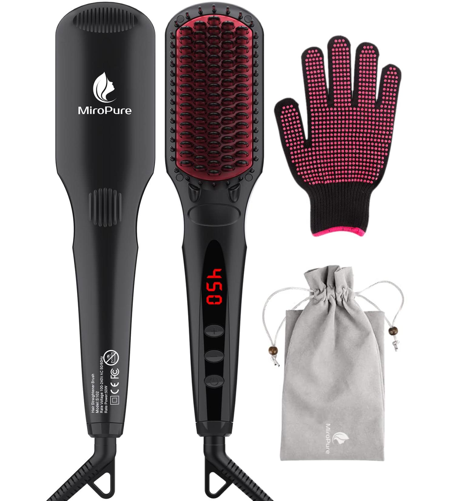 MiroPure Enhanced Hair Straightener Brush - 2-in-1 Ionic Straightening Brush with Anti-Scald, Auto Temperature Lock & Off Function (Black) - Buy Online on GoSupps.com