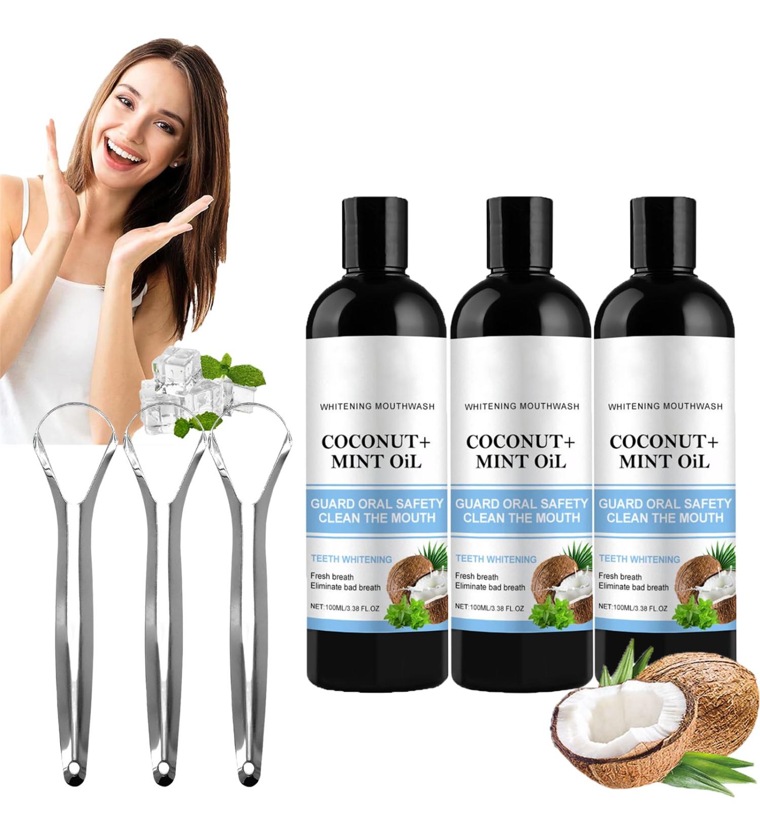  Orgrul Whitening Oil Mouthwash Natural Coconut Oil with Tongue Scraper Coconut Teething Oil and Peppermint Oil Mouthwash for Breath - Buy Online on GoSupps.com