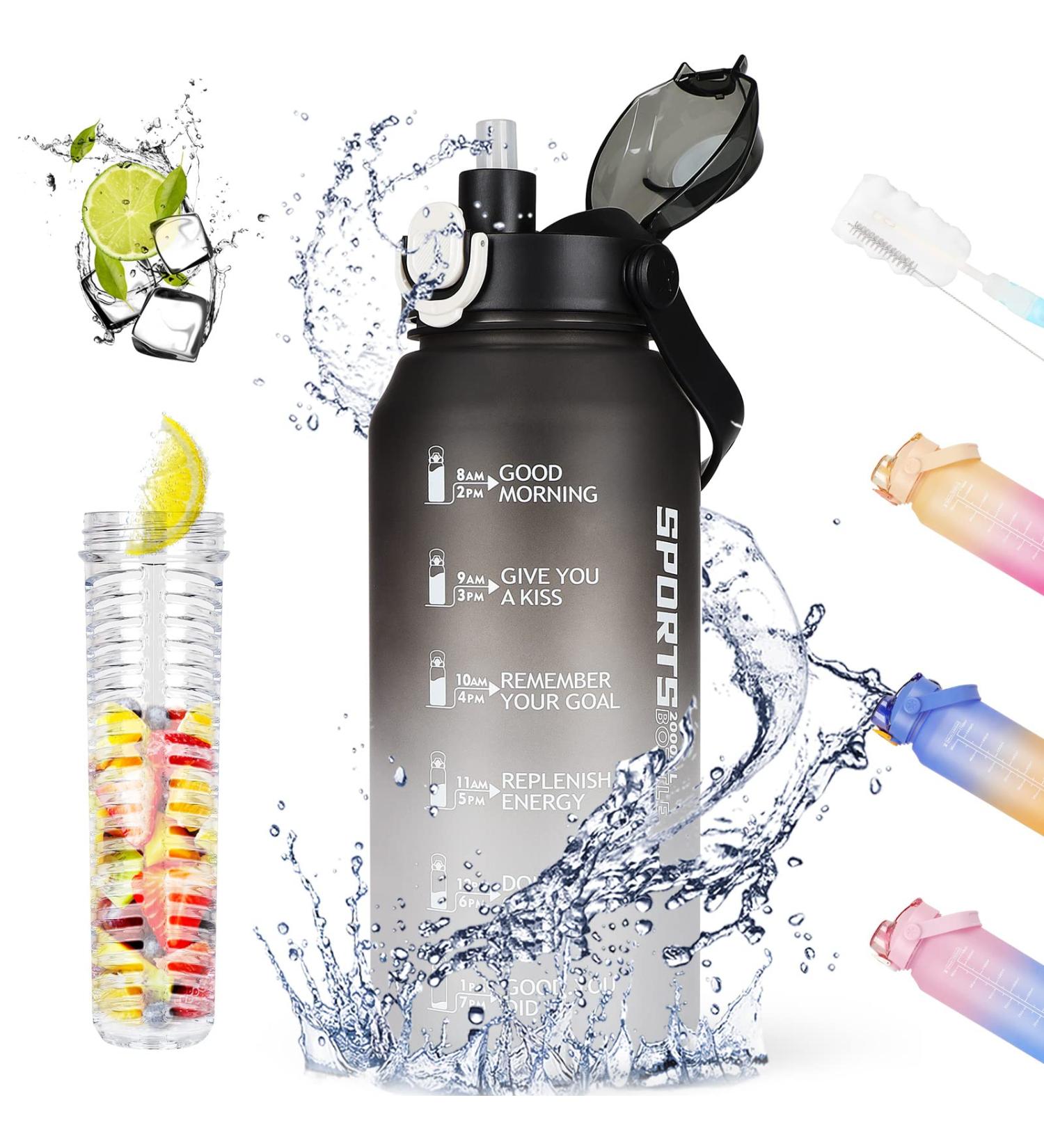 Aohan 2L Sports Water Bottle with Straw & Fruit Container | BPA-Free Leak-Proof Time Marked | Ideal for Fitness & Yoga - Black Gray Gradient - Buy Online on GoSupps.com