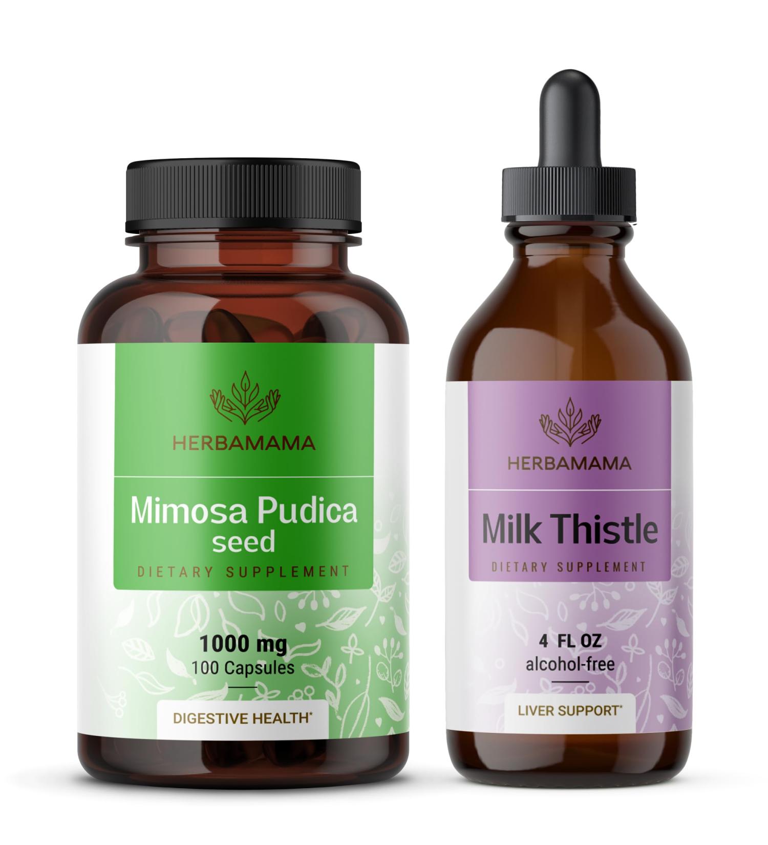 HERBAMAMA Mimosa Pudica and Milk Thistle Kit - Bundle of 1000 mg Mimosa Pudica Capsules & Milk Thistle Tincture 4 fl oz - Vegan Non-GMO Sugar & Alcohol-Free - 2 Pack - Buy Online on GoSupps.com