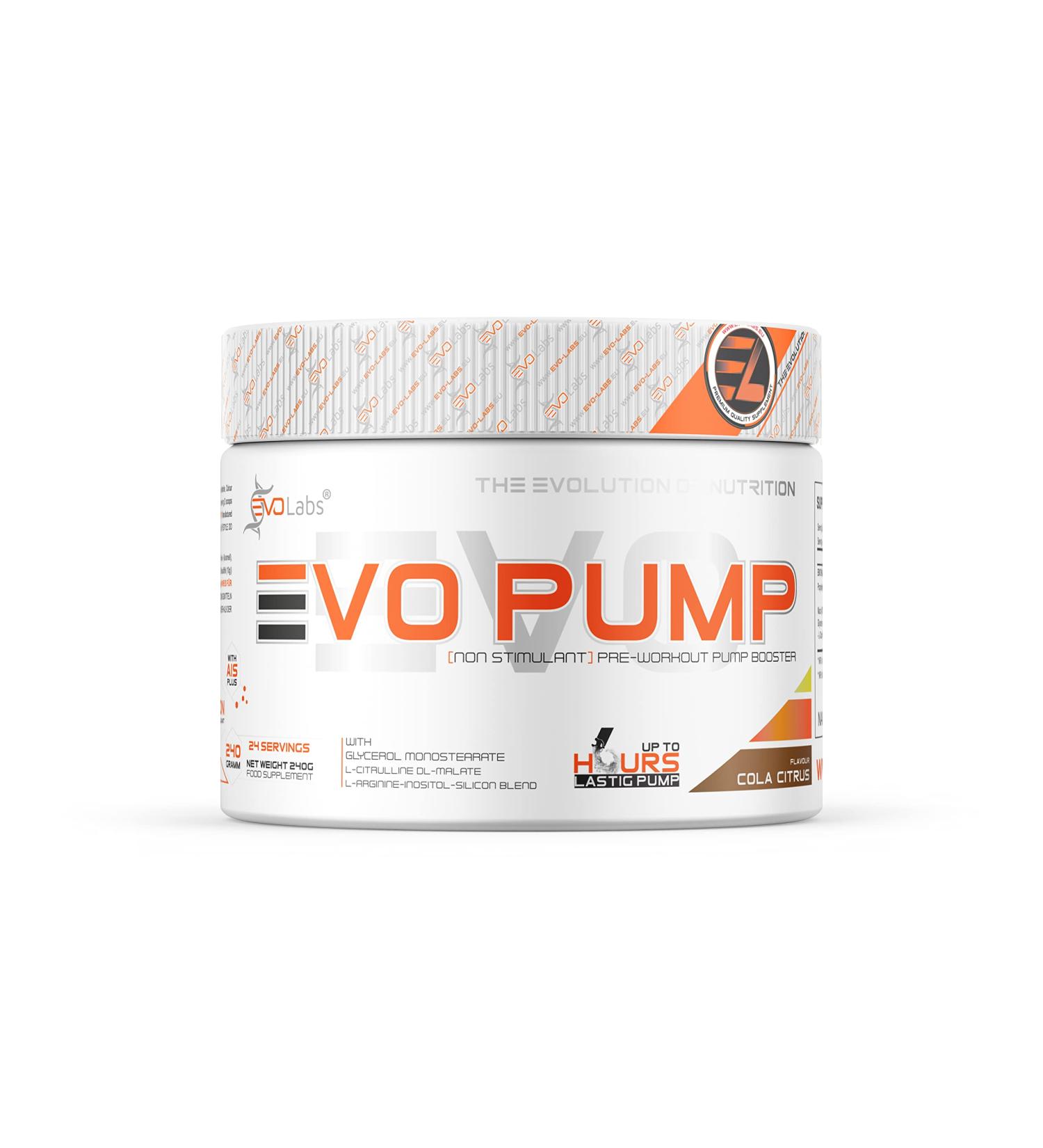Evolabs Evo-Pump Pre Workout Booster - Instant Pump & Energy Boost | 240g Cola-Citrus Powder for Ultimate Performance - Buy Online on GoSupps.com