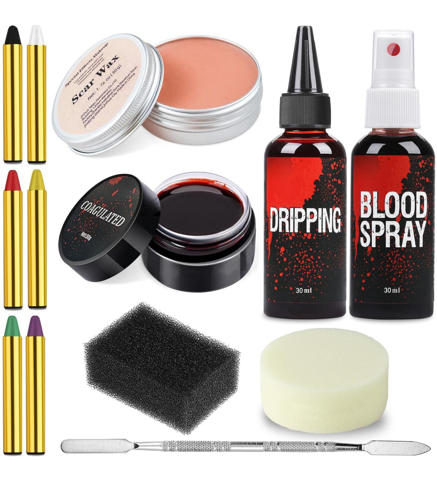  Ptesuply SFX Halloween Makeup Kit Fake Blood for Halloween Adult Makeup Kit Contains Scar Wax Fake Blood Spray + Drops + Coagulated Gel 6 Colors - Buy Online on GoSupps.com