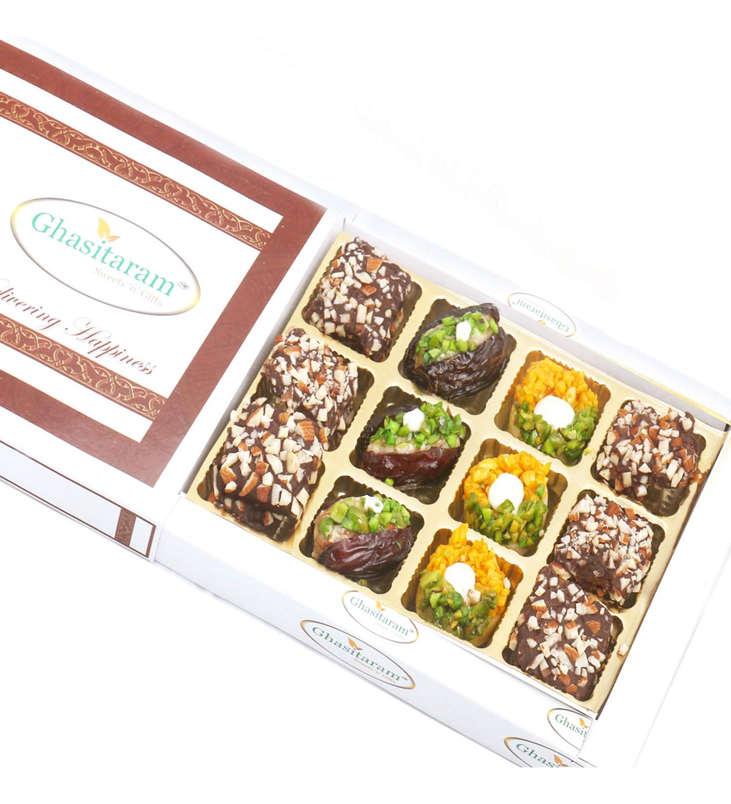 Ghasitaram Gifts Diwali Gifts Sweets - Kesar Pista Delight Dates and English Brittle Chocolates in White Box 300g - Buy Online on GoSupps.com