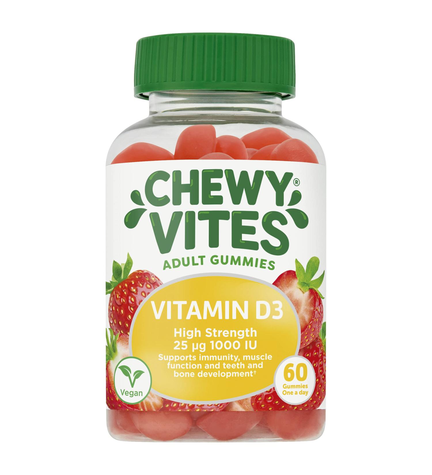 Chewy Vites Adults High Strength Vit D3 Gummy Vitamins - 2 Months Supply | Vegan | Real Fruit Juice - 60 Count - Buy Online on GoSupps.com