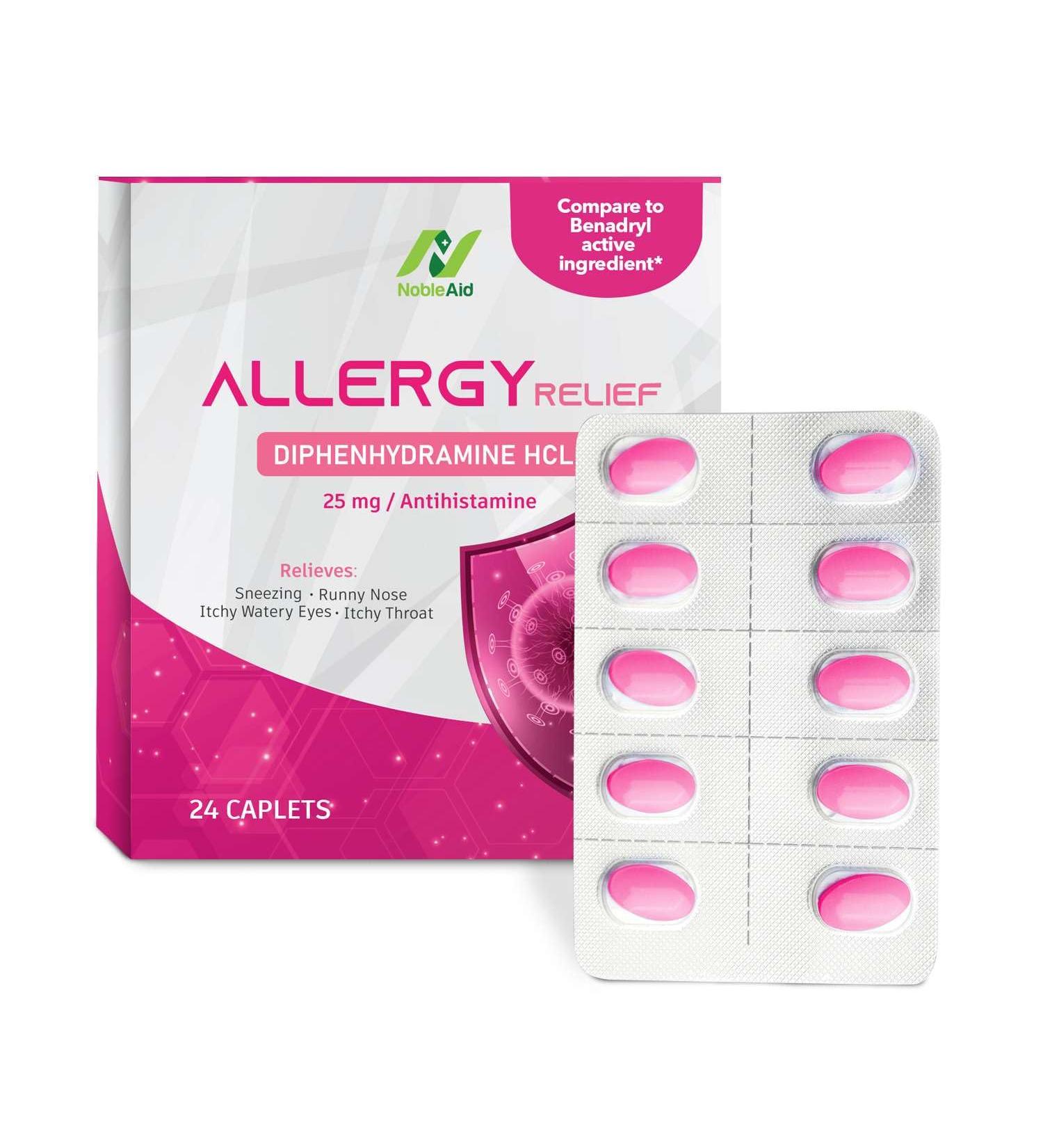 Antihistamine Allergy Relief Diphenhydramine HCL 25mg - 24 Caplets for Adults & Children - Decongestant for Nasal Allergies Runny Nose & Itchy Throat - Fast Acting Relief - Buy Online on GoSupps.com