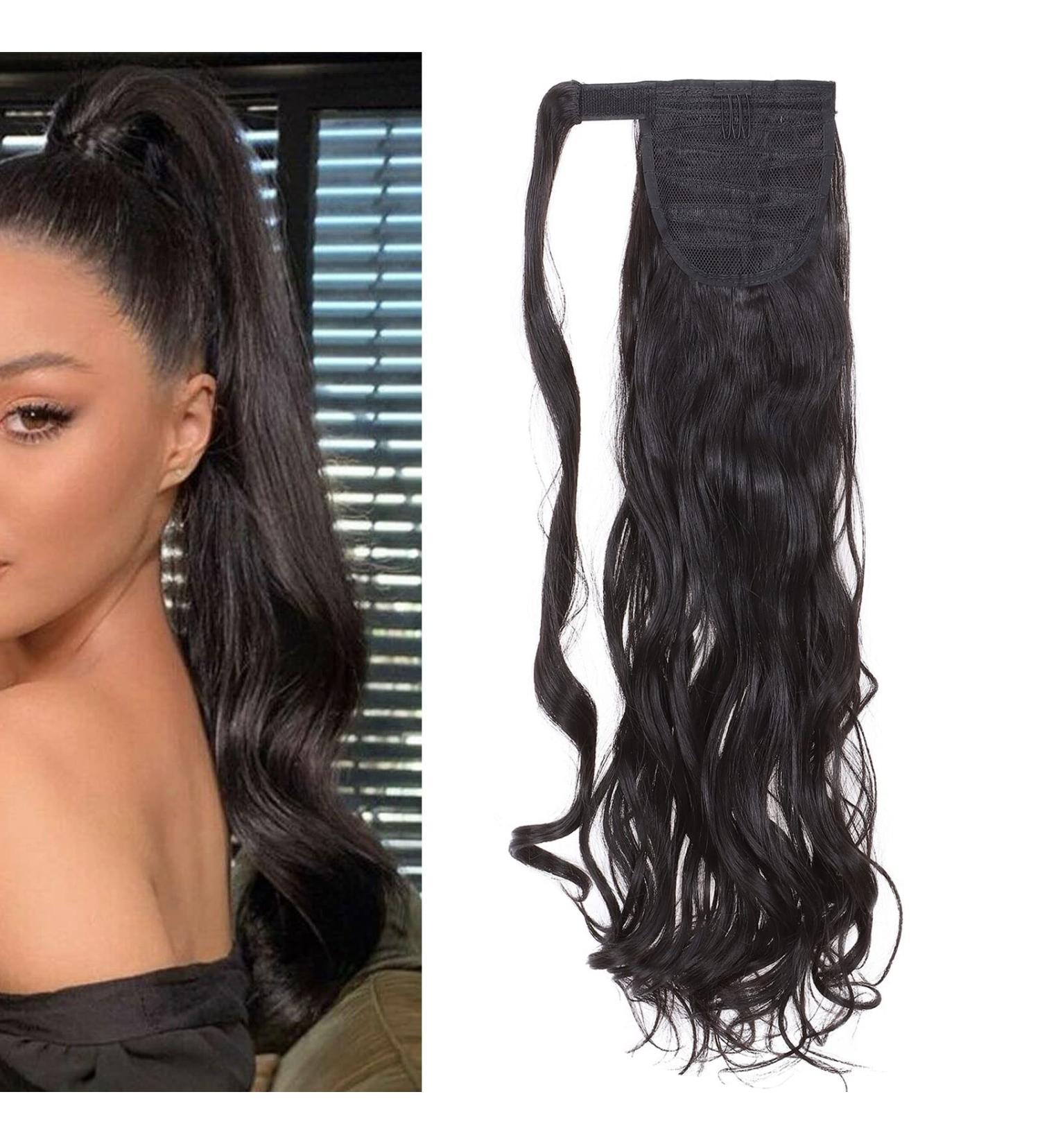 Ponytail Extension Wrap Around Long Straight Curly Clip in Ponytail Hair Extensions for Women Brown Black Blonde Hairpiece 24"-Curly Natural Black - Buy Online on GoSupps.com