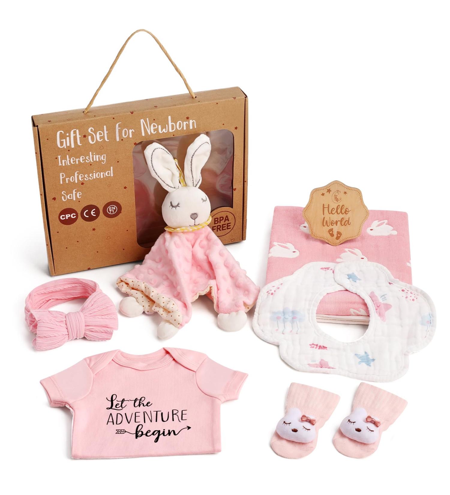 Lictin Pink Baby Gift Set - Newborn Essentials for Girls | Romper Bib Socks Headscarf & Cuddly Rabbit | Perfect Birth Gifts - Buy Online on GoSupps.com