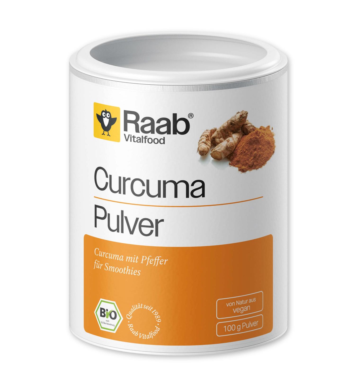 Raab Vitalfood organic turmeric powder with curcumin and piperine from black pepper no additives vegan 1x 100g pack