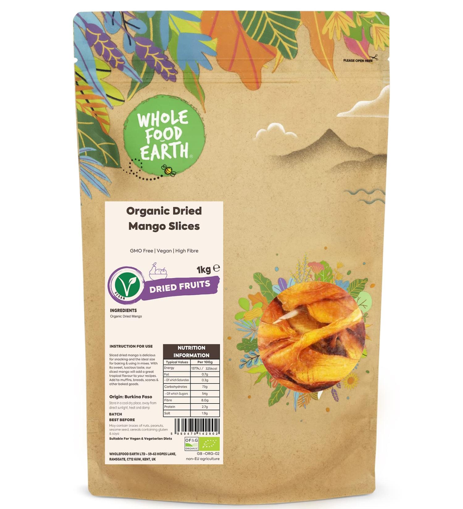 Organic Dried Mango Slices 1kg | GMO Free | Vegan | High Fibre | Certified Organic - Wholefood Earth - Buy Online on GoSupps.com