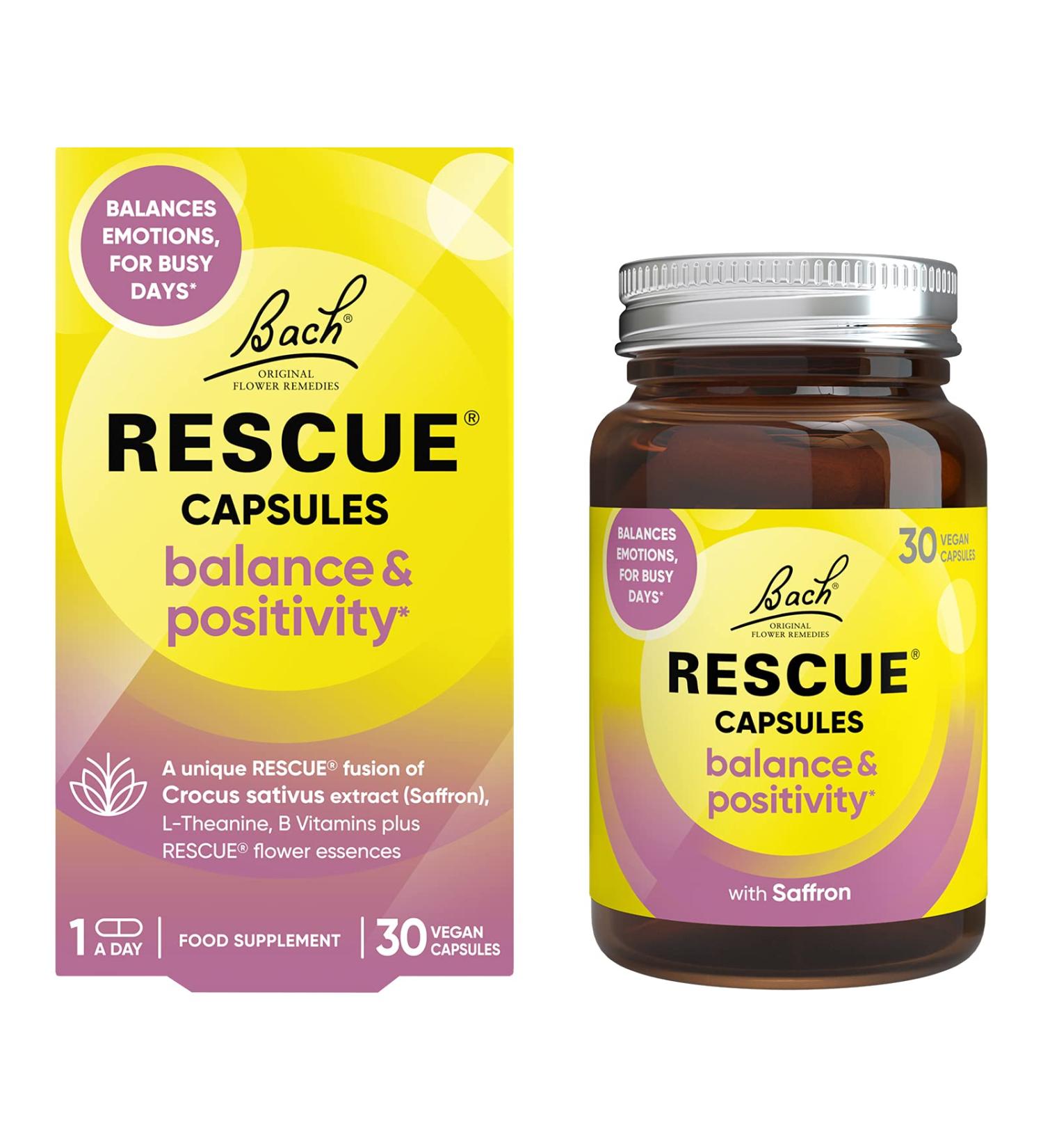 Rescue Balance Capsules: Saffron B5 B12 Vitamins Flower Essences - 30 Day Supply for Emotional Balance and Positivity - Vegan Mood Enhancer for Busy Days - Buy Online on GoSupps.com